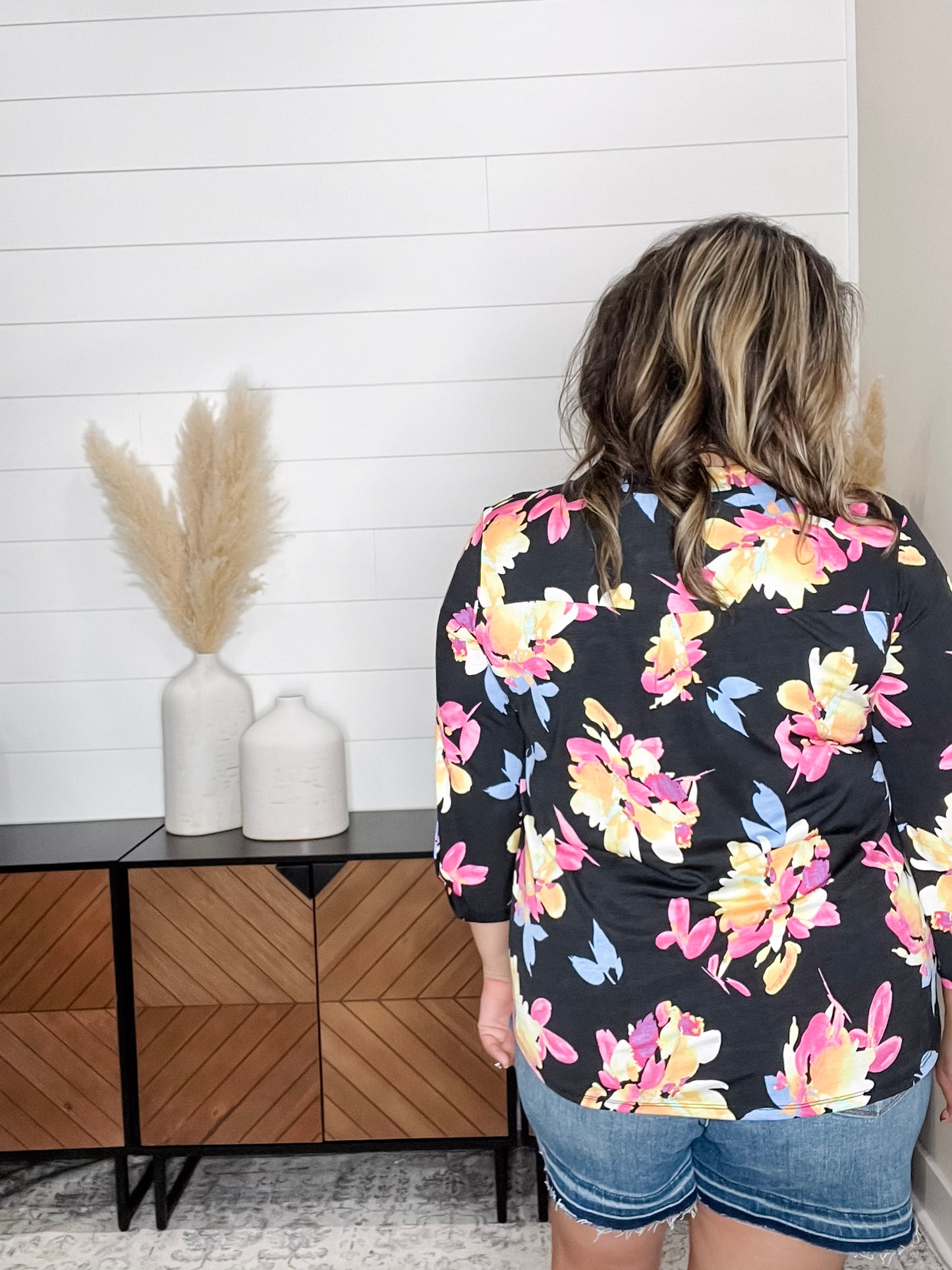 "Sagittarius" Floral Split Neck Lizzy 3/4 Sleeve Split Neck