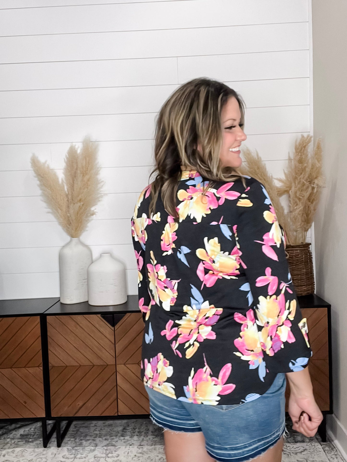 "Sagittarius" Floral Split Neck Lizzy 3/4 Sleeve Split Neck