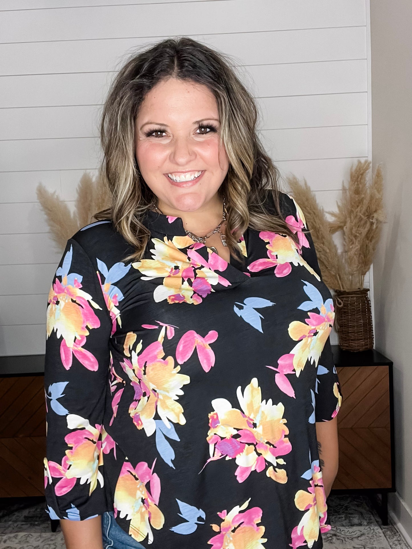 "Sagittarius" Floral Split Neck Lizzy 3/4 Sleeve Split Neck