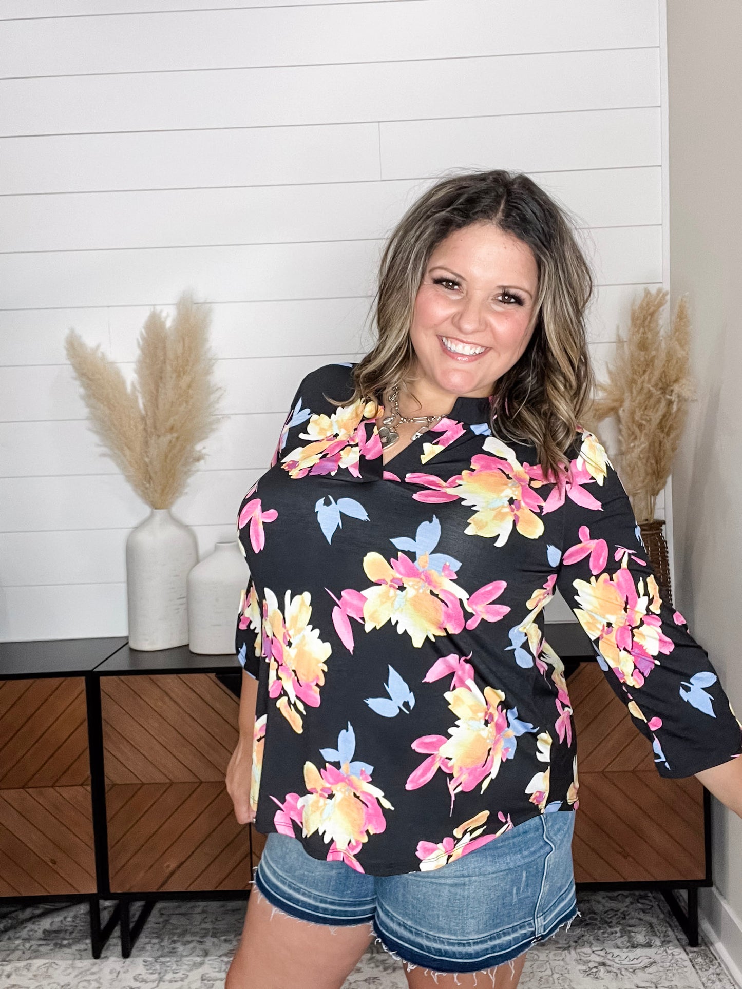 "Sagittarius" Floral Split Neck Lizzy 3/4 Sleeve Split Neck