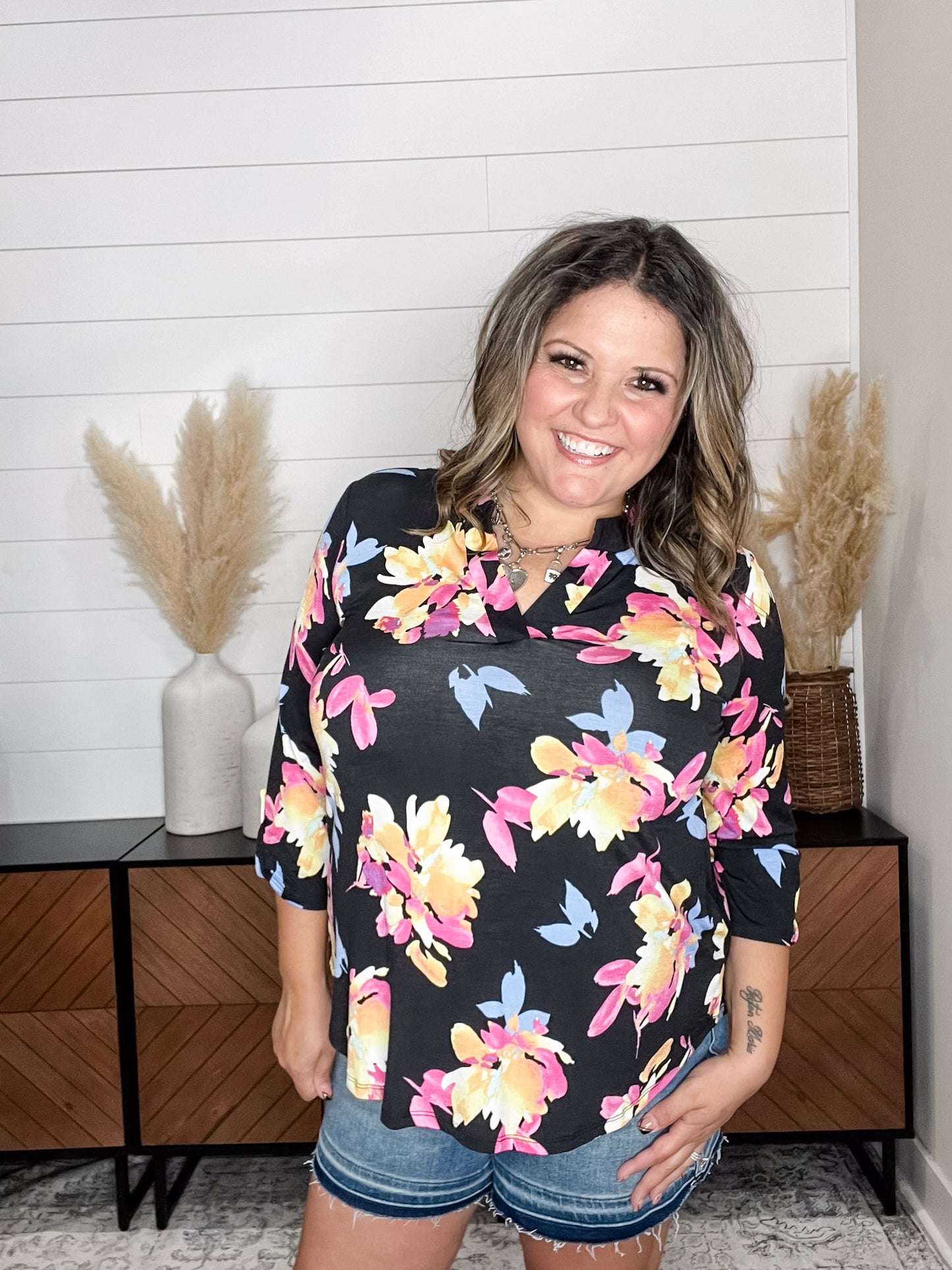 "Sagittarius" Floral Split Neck Lizzy 3/4 Sleeve Split Neck