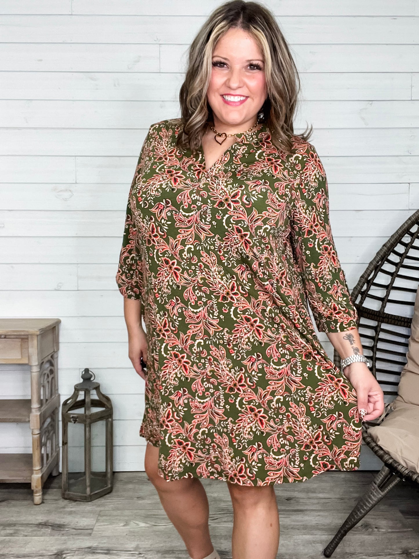 Dear Scarlett "Legitimate" 3/4 Sleeve Split Neck Dress with Pockets