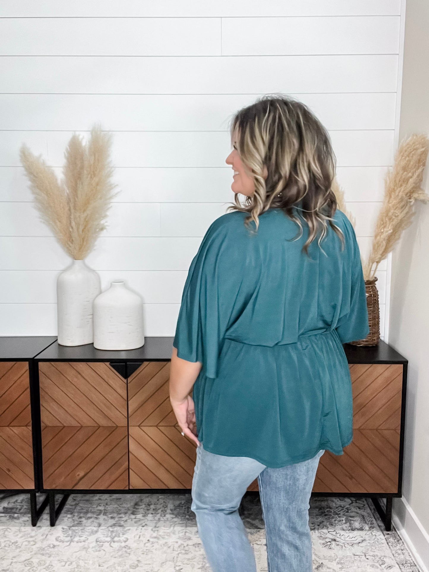 "Here We Go Again" V Neck 3/4 Bell Sleeve (Hunter Green)