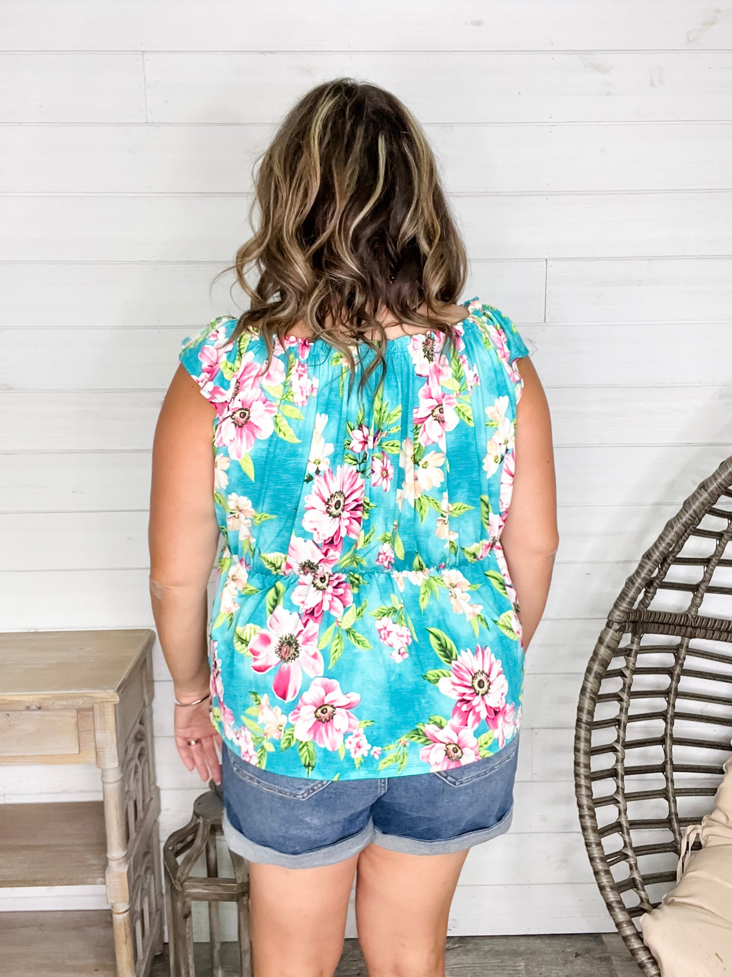 "Time Out" Floral Off the Shoulder Faux Button Front
