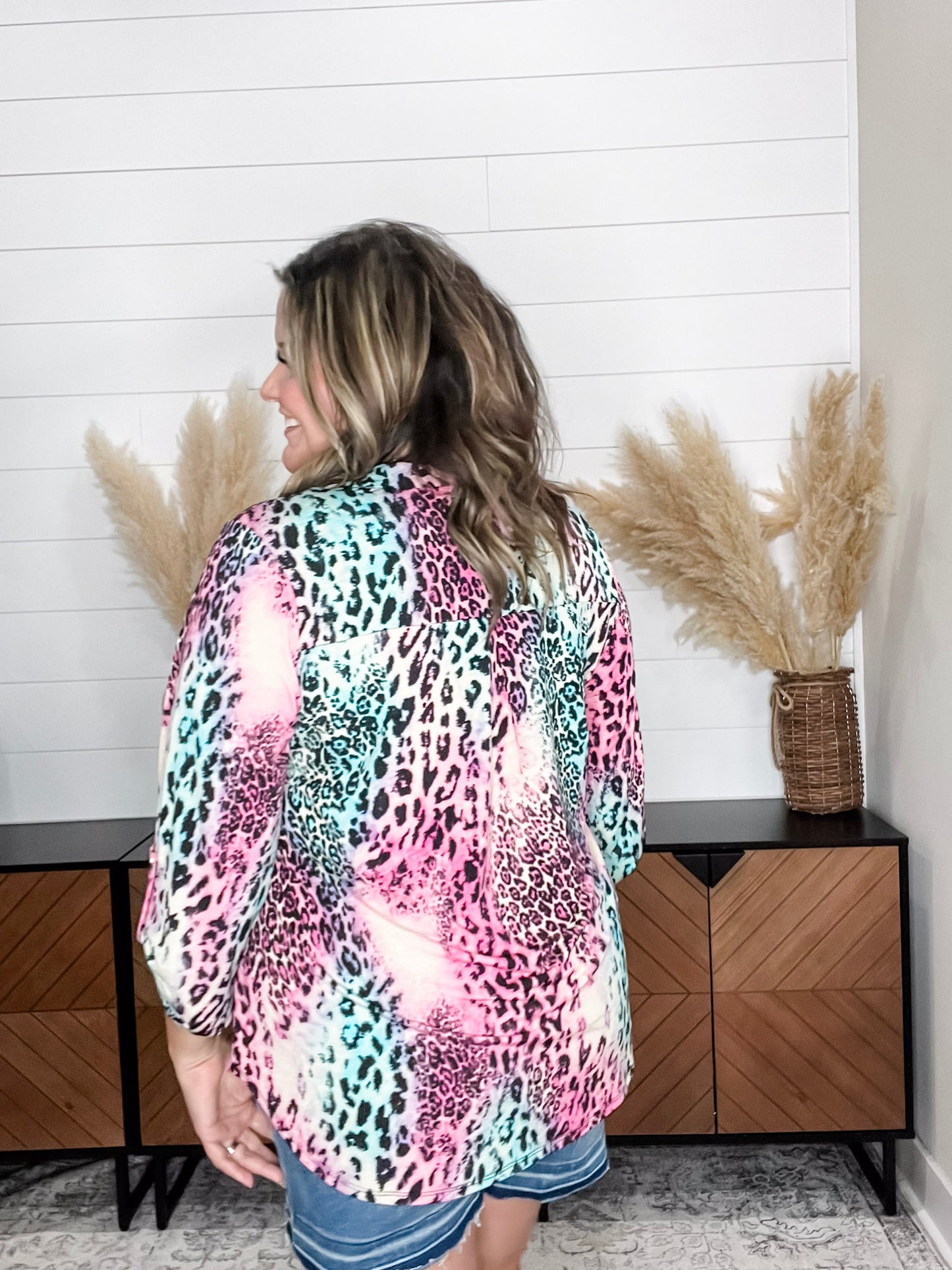 "Zoolander" Animal Print 3/4 Sleeve Split Neck