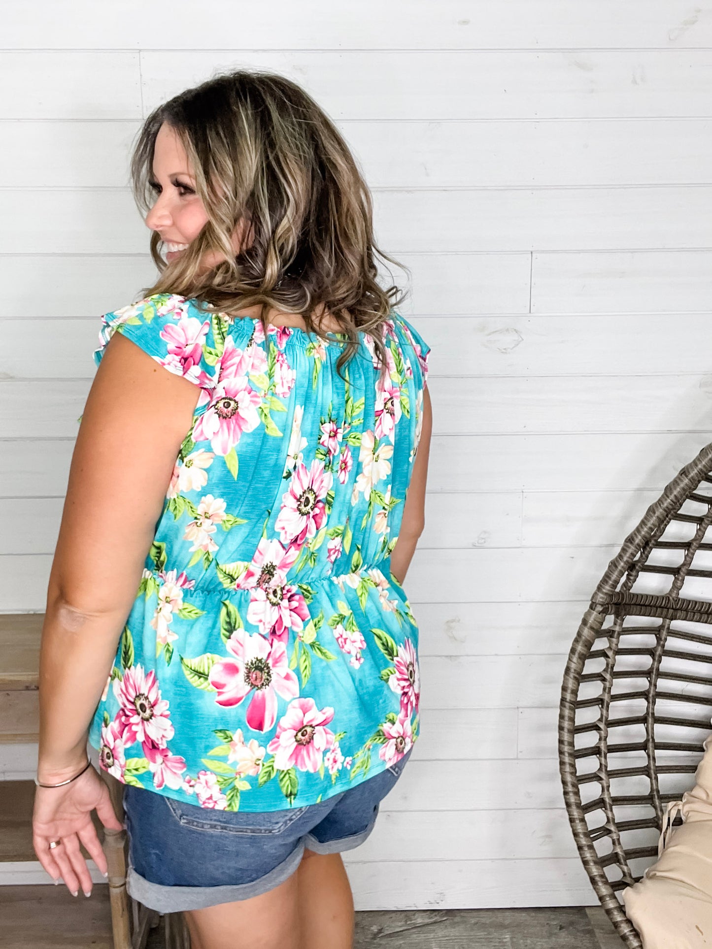 "Time Out" Floral Off the Shoulder Faux Button Front