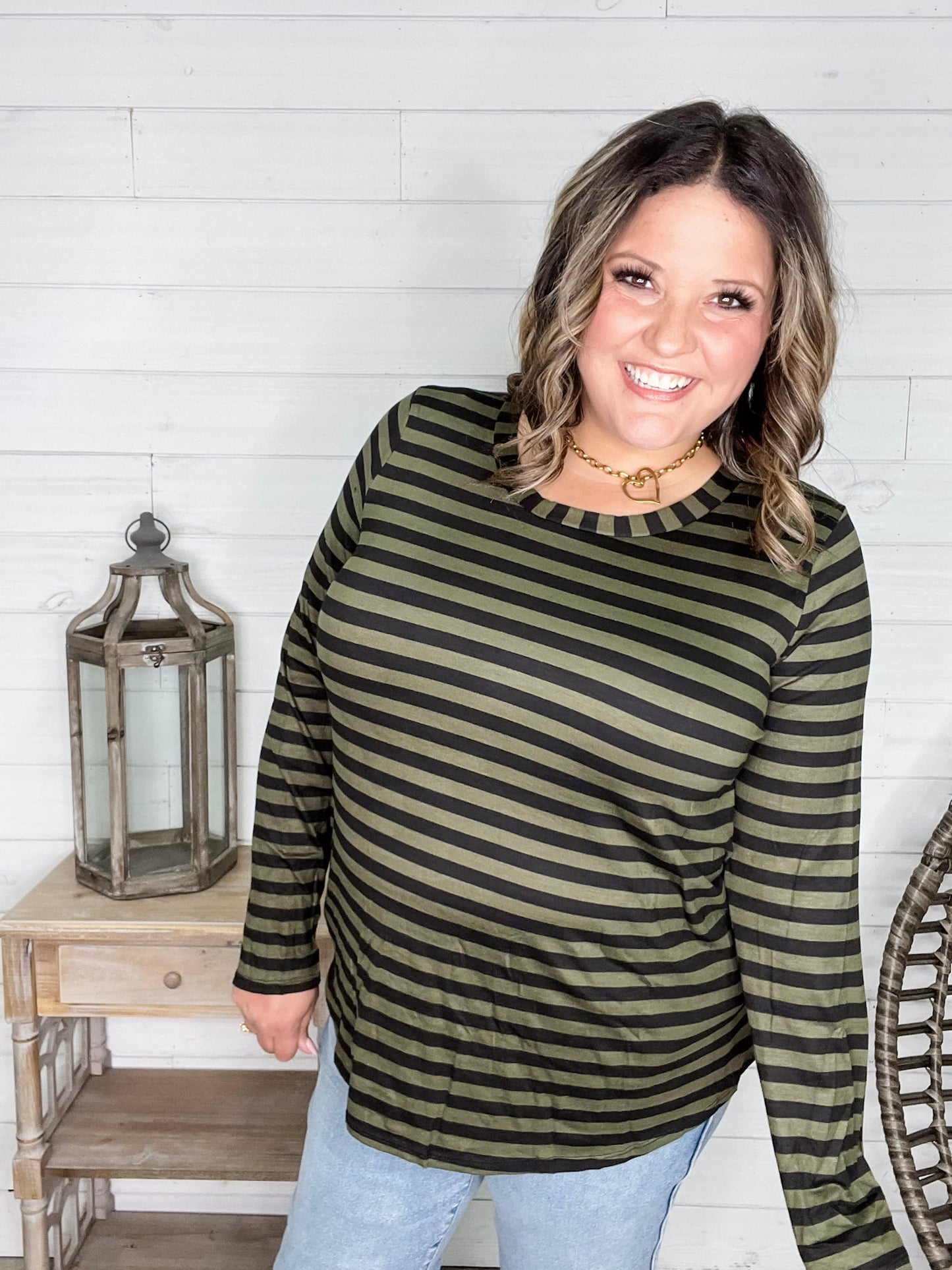 "Got Me" Long Sleeve Striped Top (Green Black)