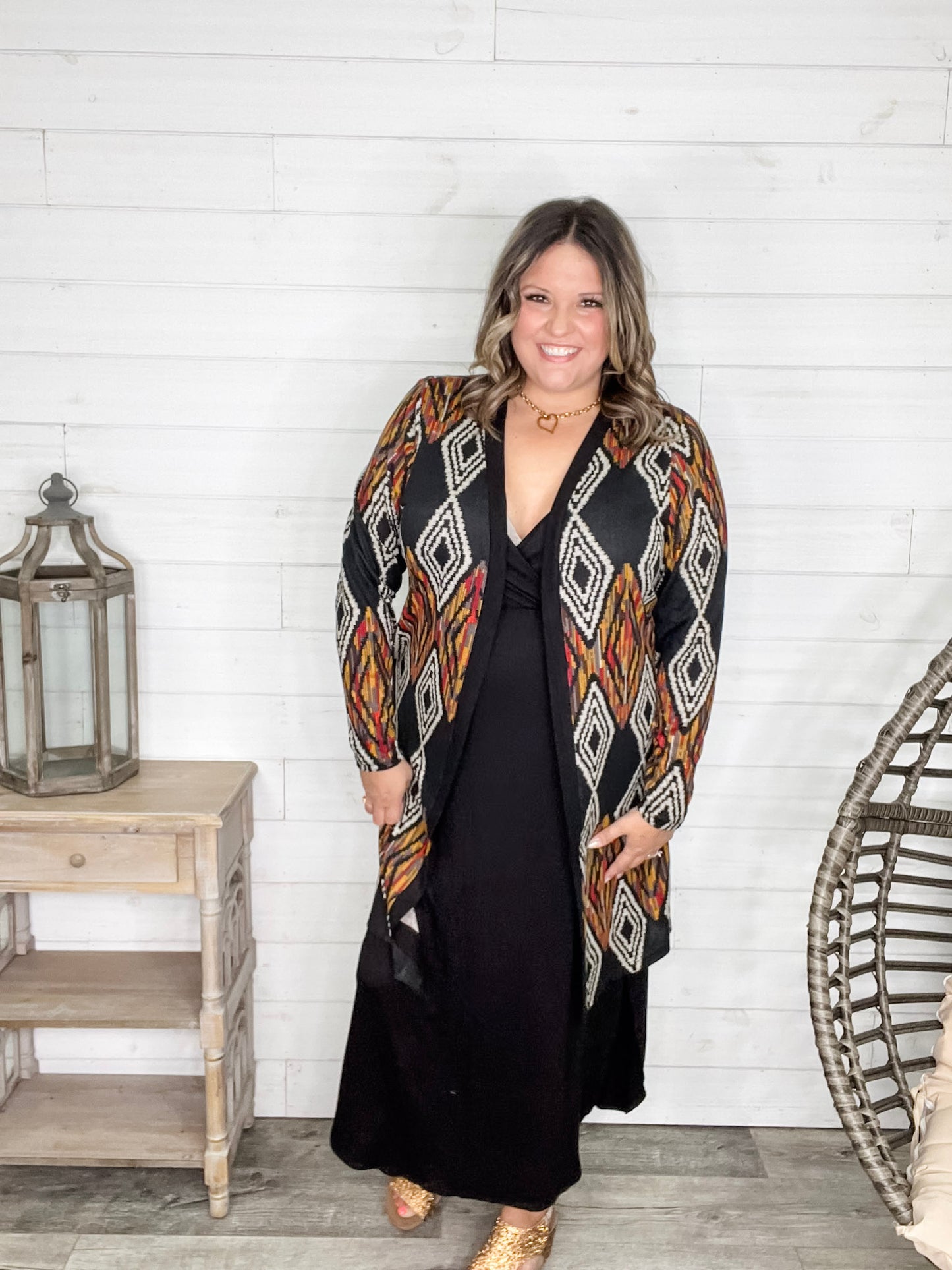 "Dutton" Aztec Print Cardigan with Pockets (Black)