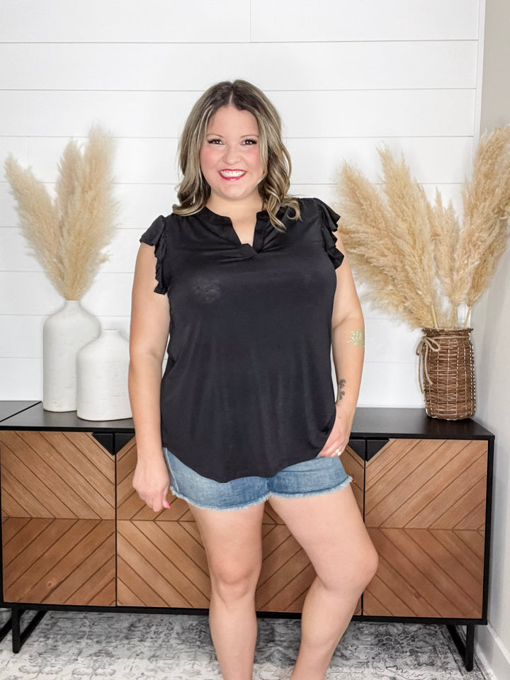 "One More Round" Flutter Ruffle Cap Sleeve Split Neck (Black)
