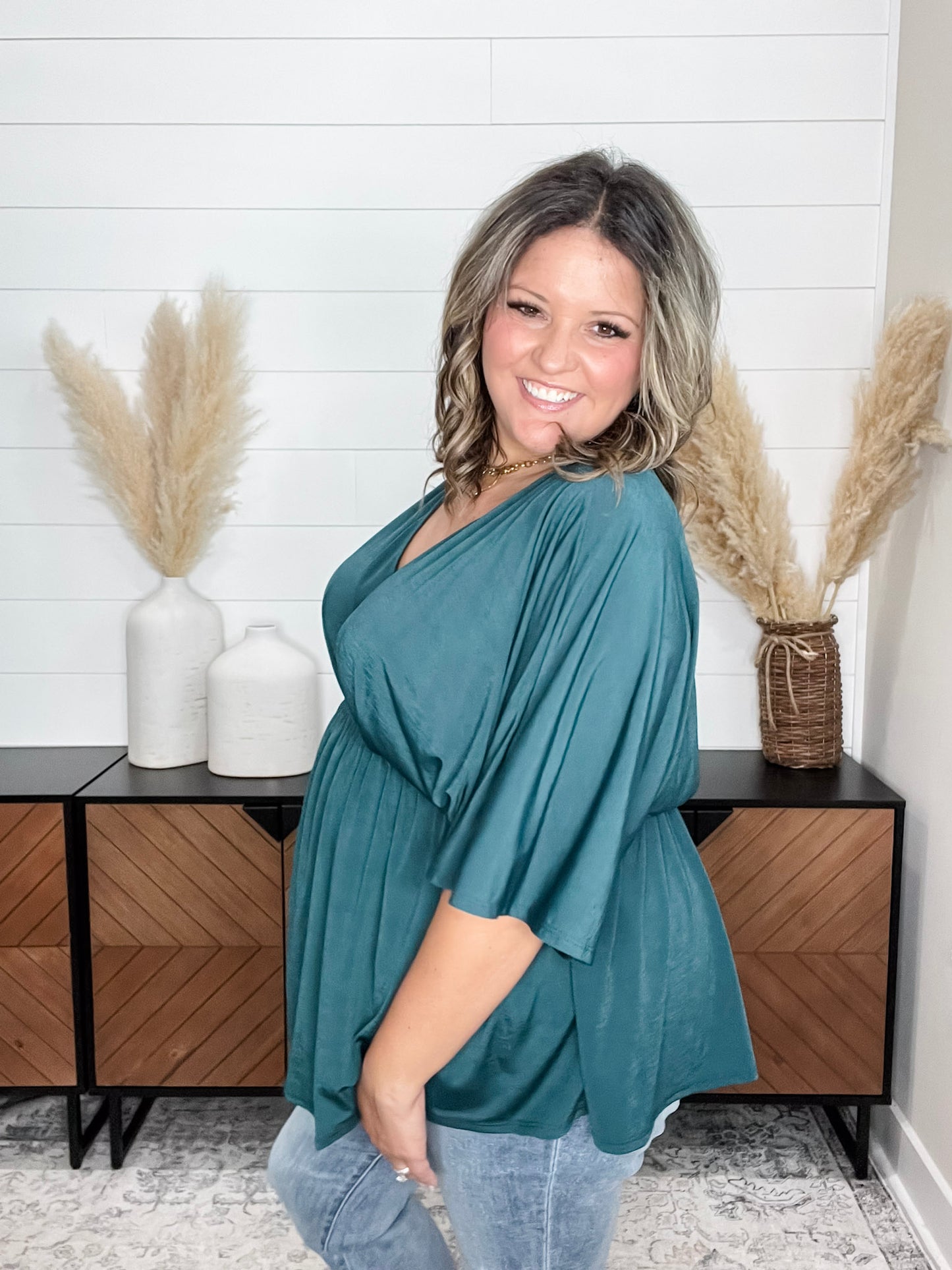"Here We Go Again" V Neck 3/4 Bell Sleeve (Hunter Green)