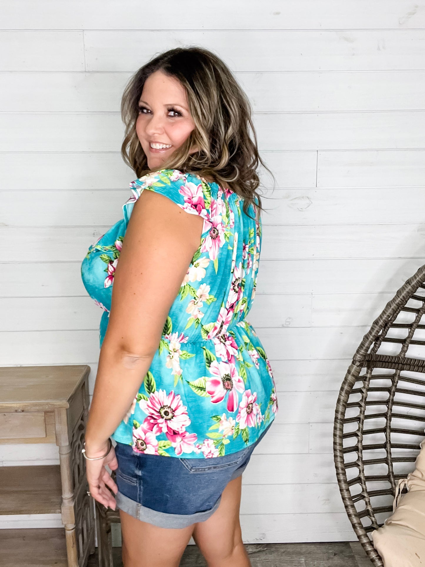 "Time Out" Floral Off the Shoulder Faux Button Front