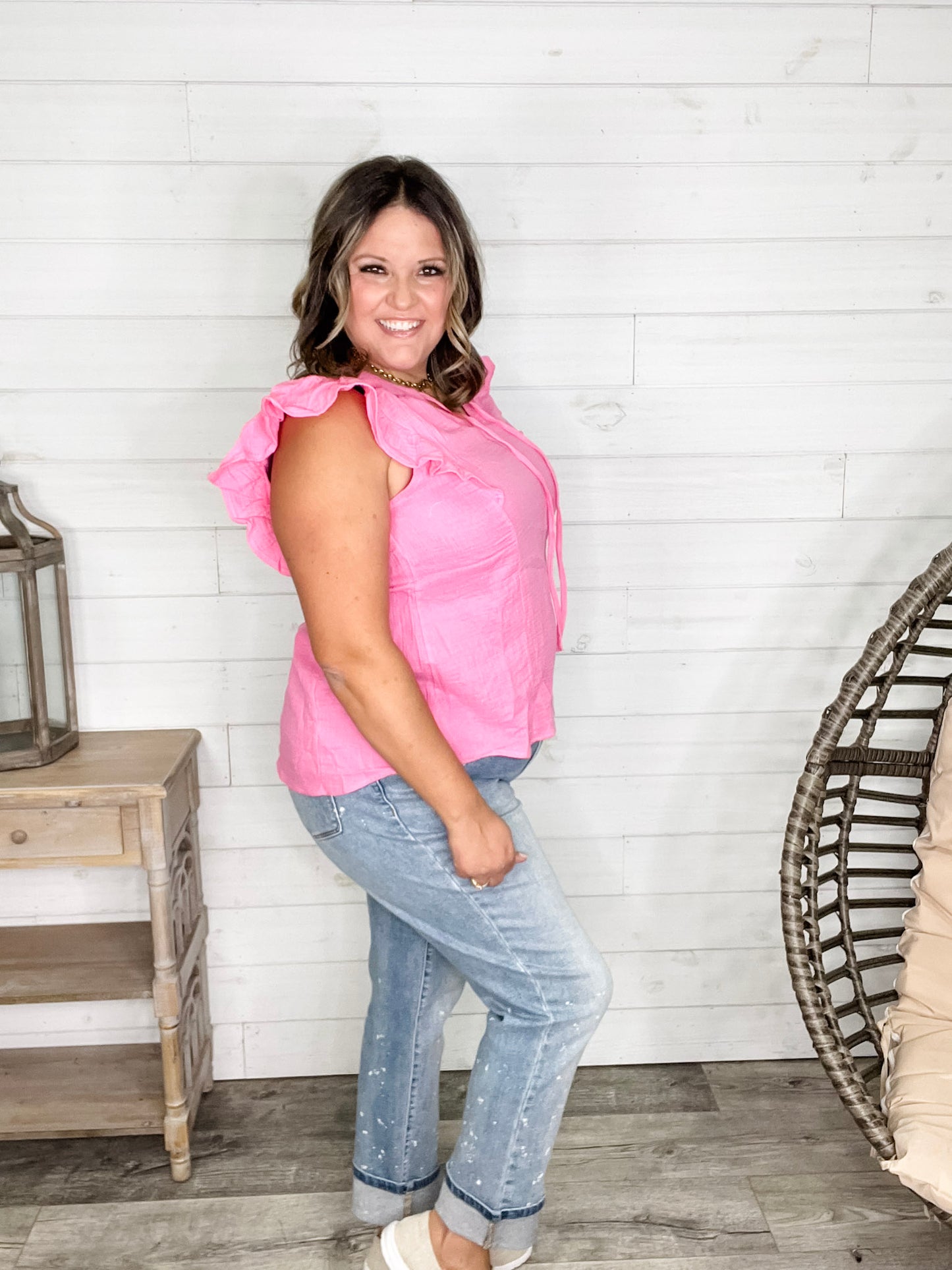 "Wheatland" Ruffle Cap V Neck with Tie Detail (Pink Cosmos)