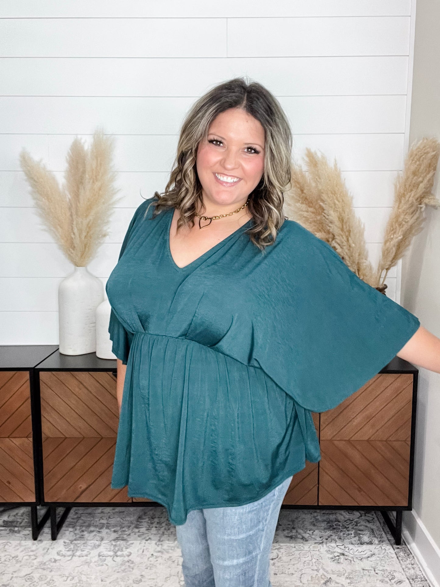"Here We Go Again" V Neck 3/4 Bell Sleeve (Hunter Green)