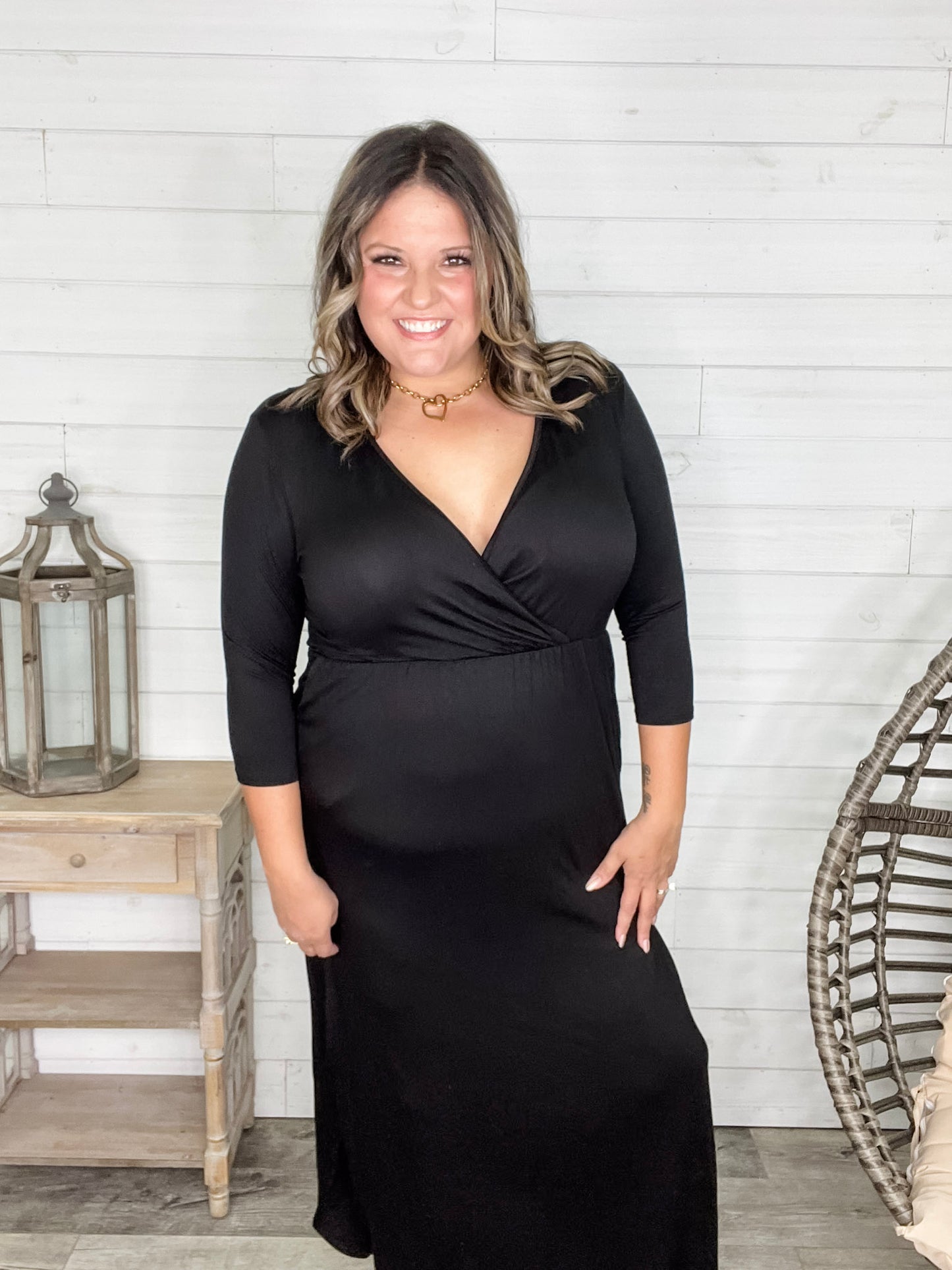 Solid 3/4 Sleeve Wrap Dress with Pockets (Black)