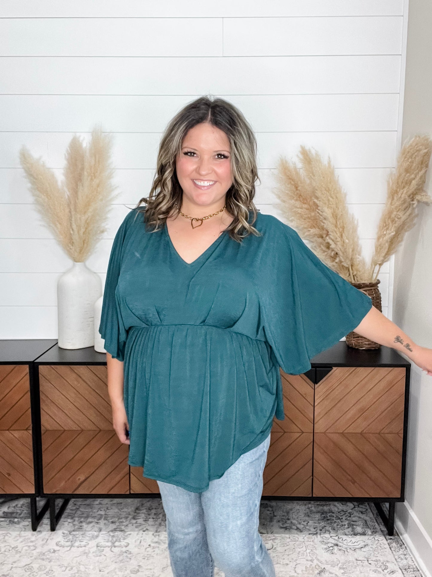 "Here We Go Again" V Neck 3/4 Bell Sleeve (Hunter Green)