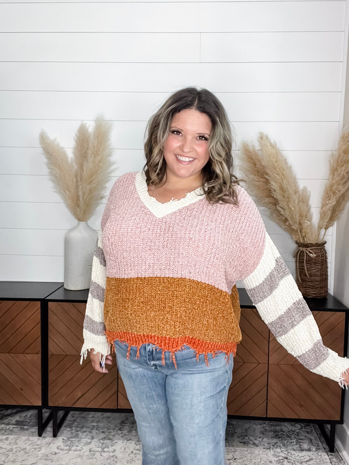 "Unraveled" V Neck Chenille Sweater