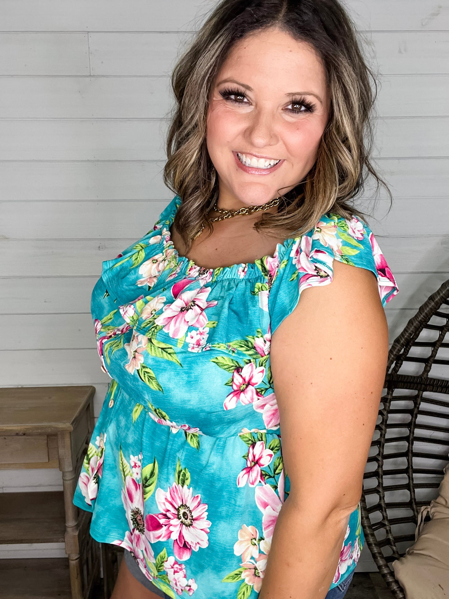 "Time Out" Floral Off the Shoulder Faux Button Front
