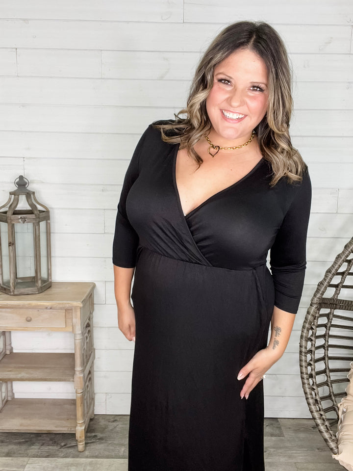 Solid 3/4 Sleeve Wrap Dress with Pockets (Black)