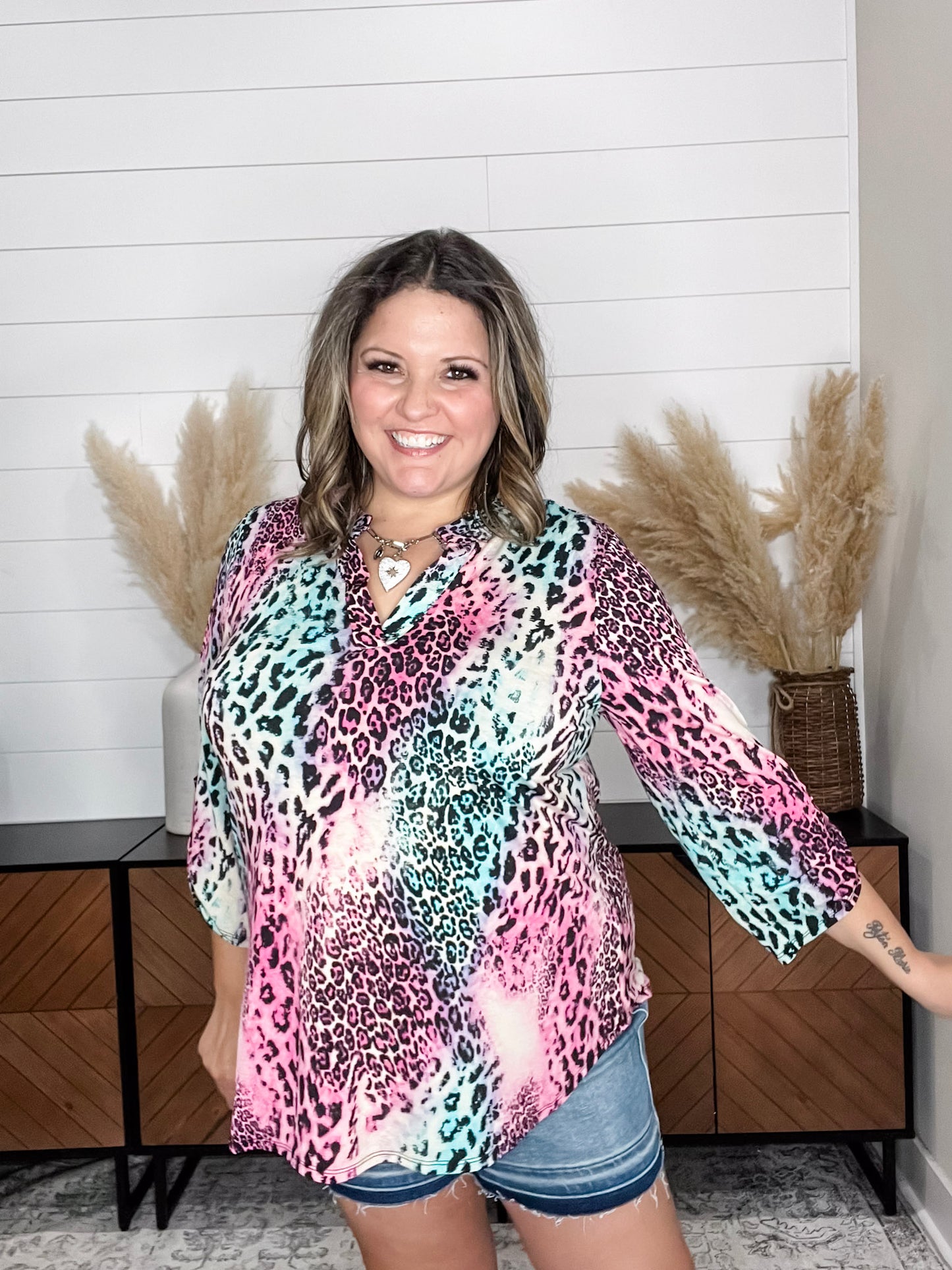 "Zoolander" Animal Print 3/4 Sleeve Split Neck