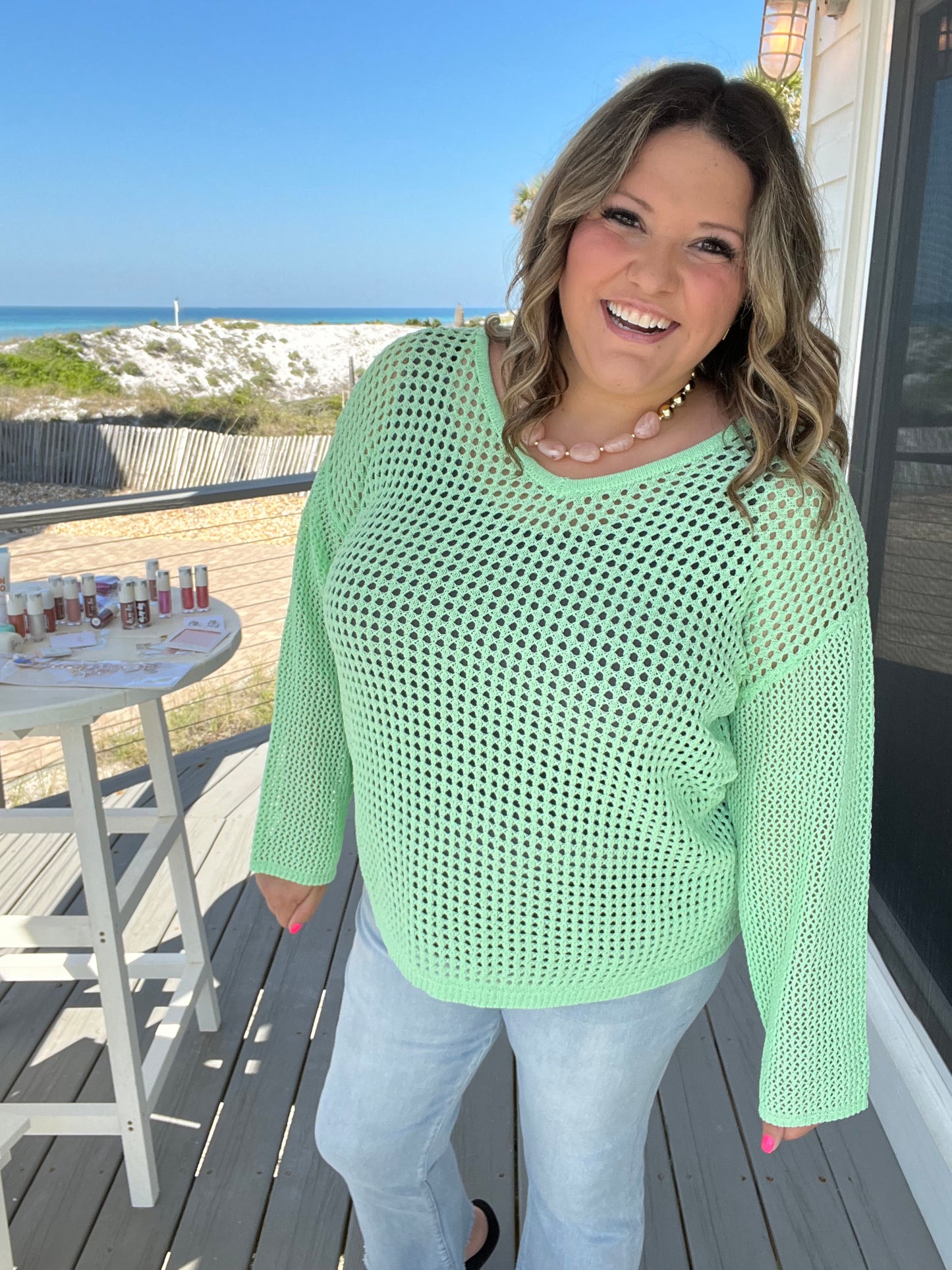 "Maurice" Wide Weft Long Sleeve V Neck (Mint)