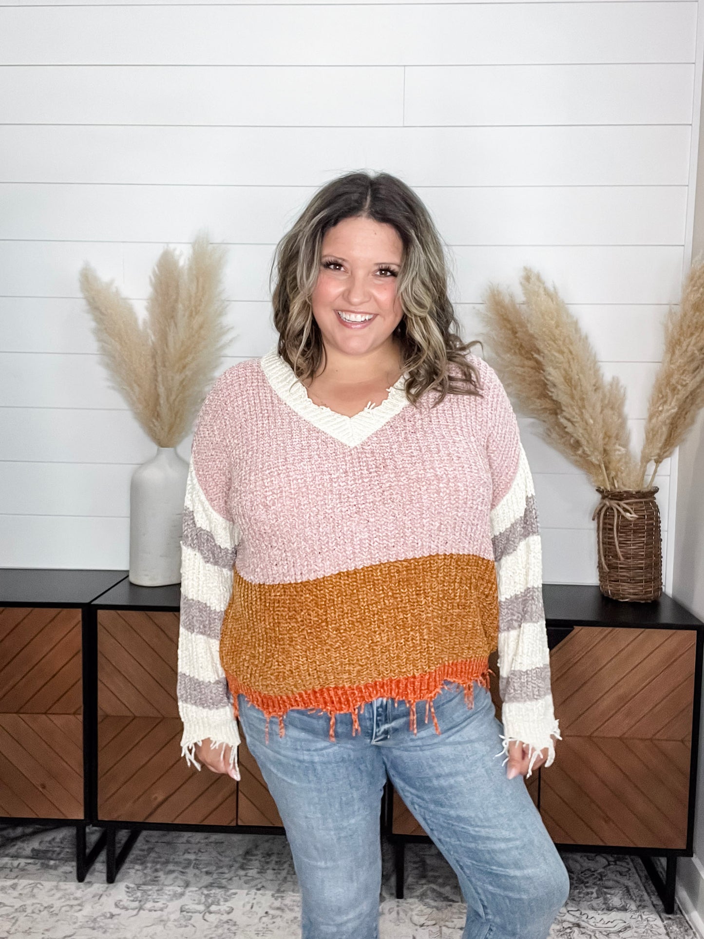 "Unraveled" V Neck Chenille Sweater