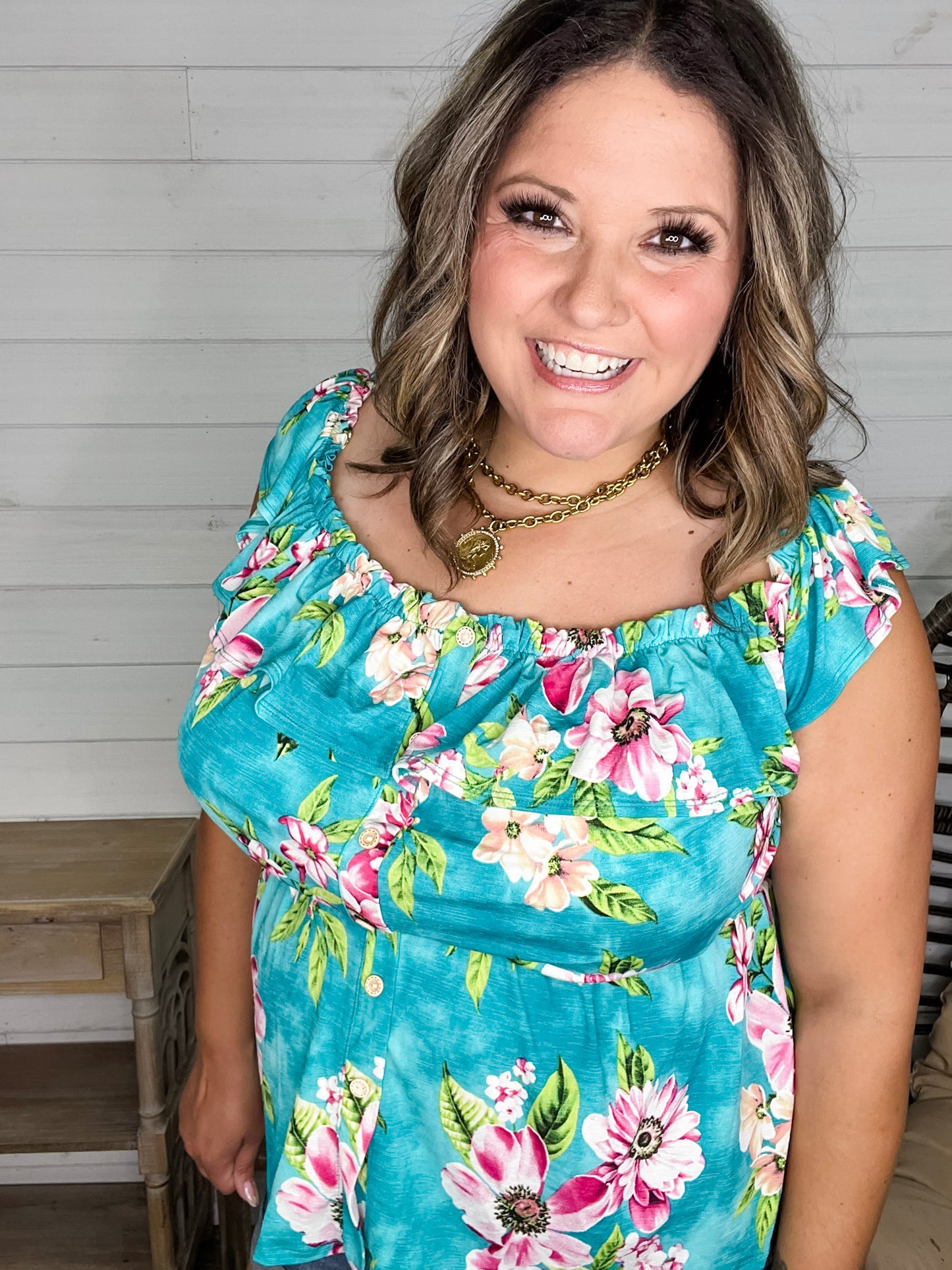 "Time Out" Floral Off the Shoulder Faux Button Front