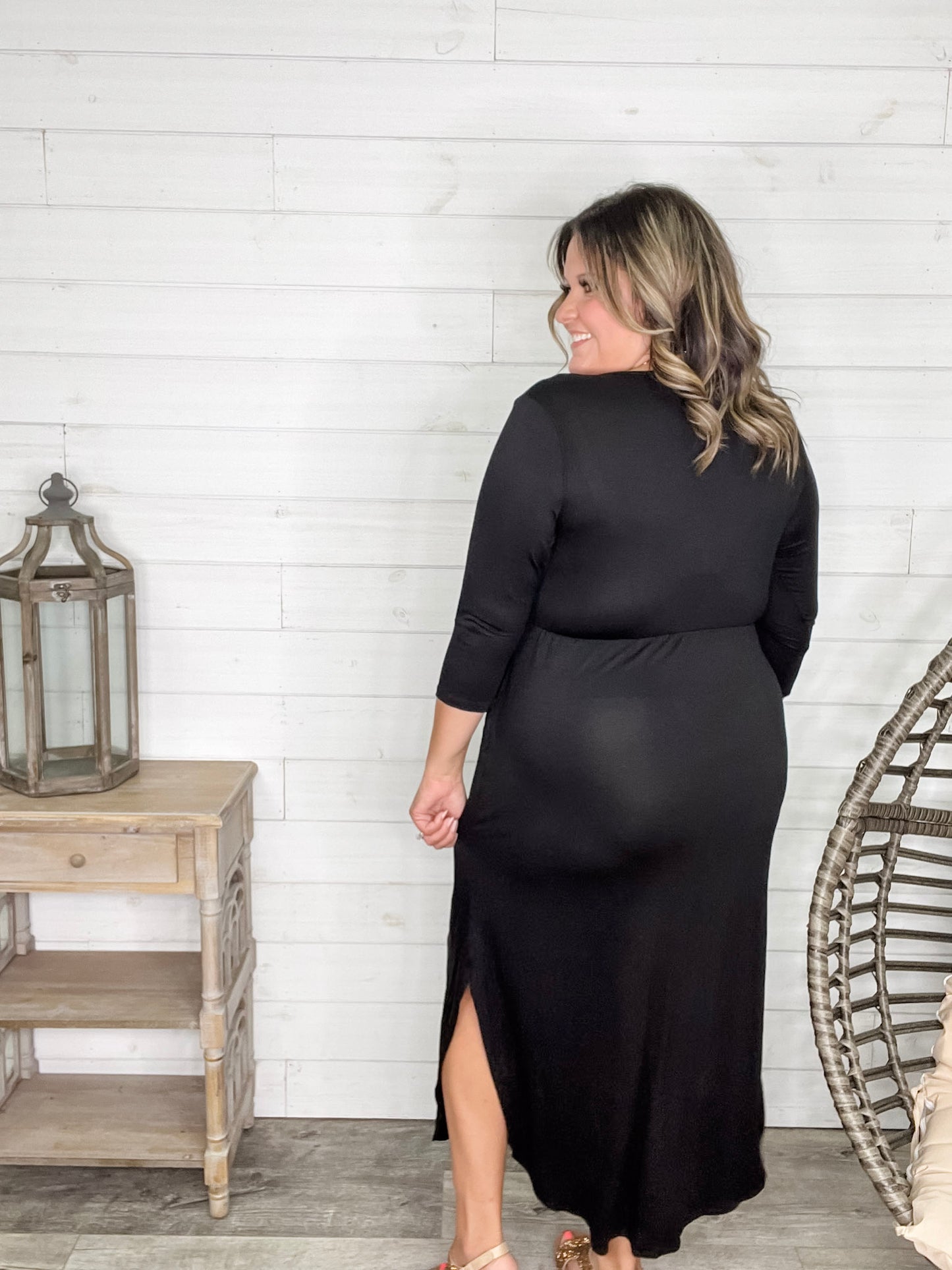 Solid 3/4 Sleeve Wrap Dress with Pockets (Black)