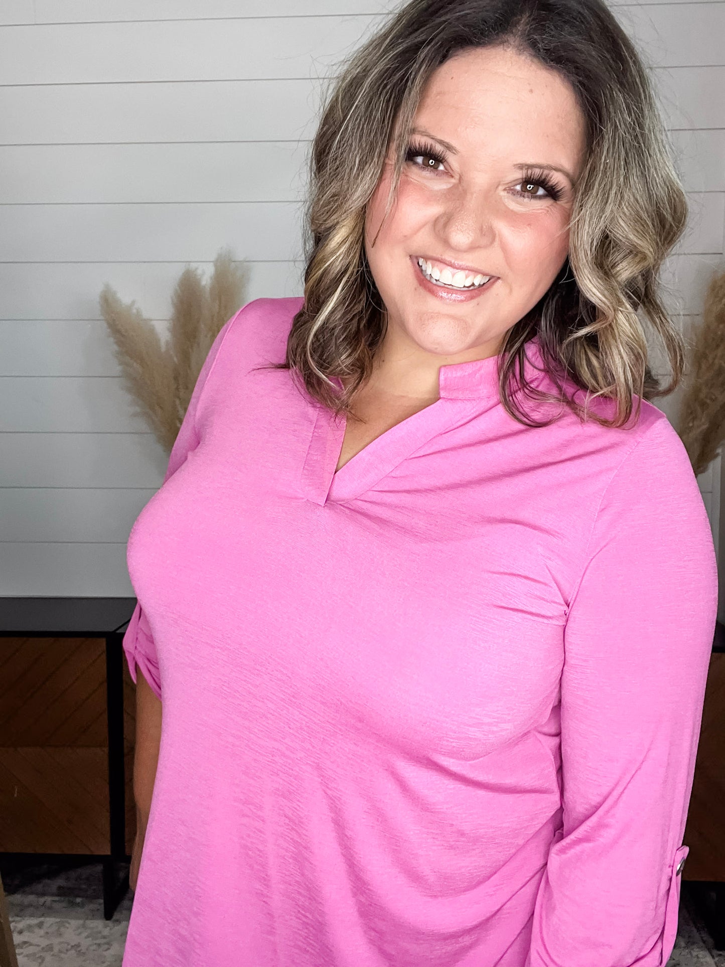 "Pearlie" Solid Color 3/4 Sleeve Split Neck (Magenta)