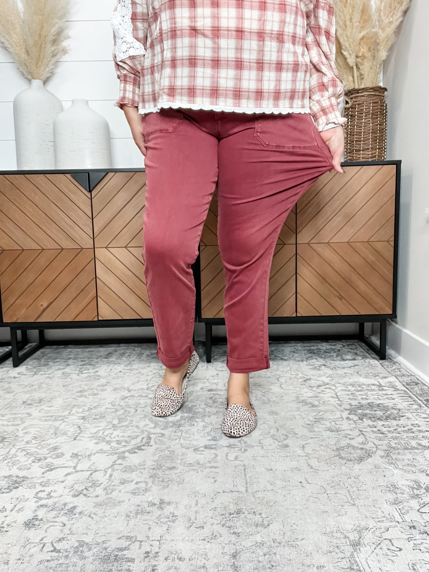 Judy Blue Aurora Burgundy Cuffed Weekender