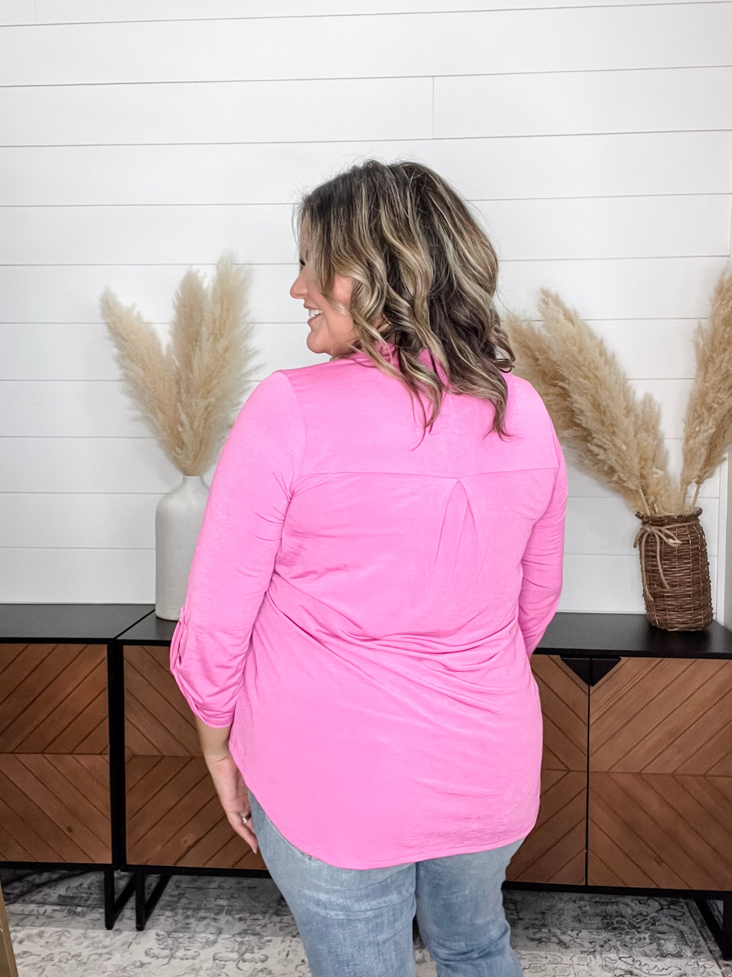 "Pearlie" Solid Color 3/4 Sleeve Split Neck (Magenta)