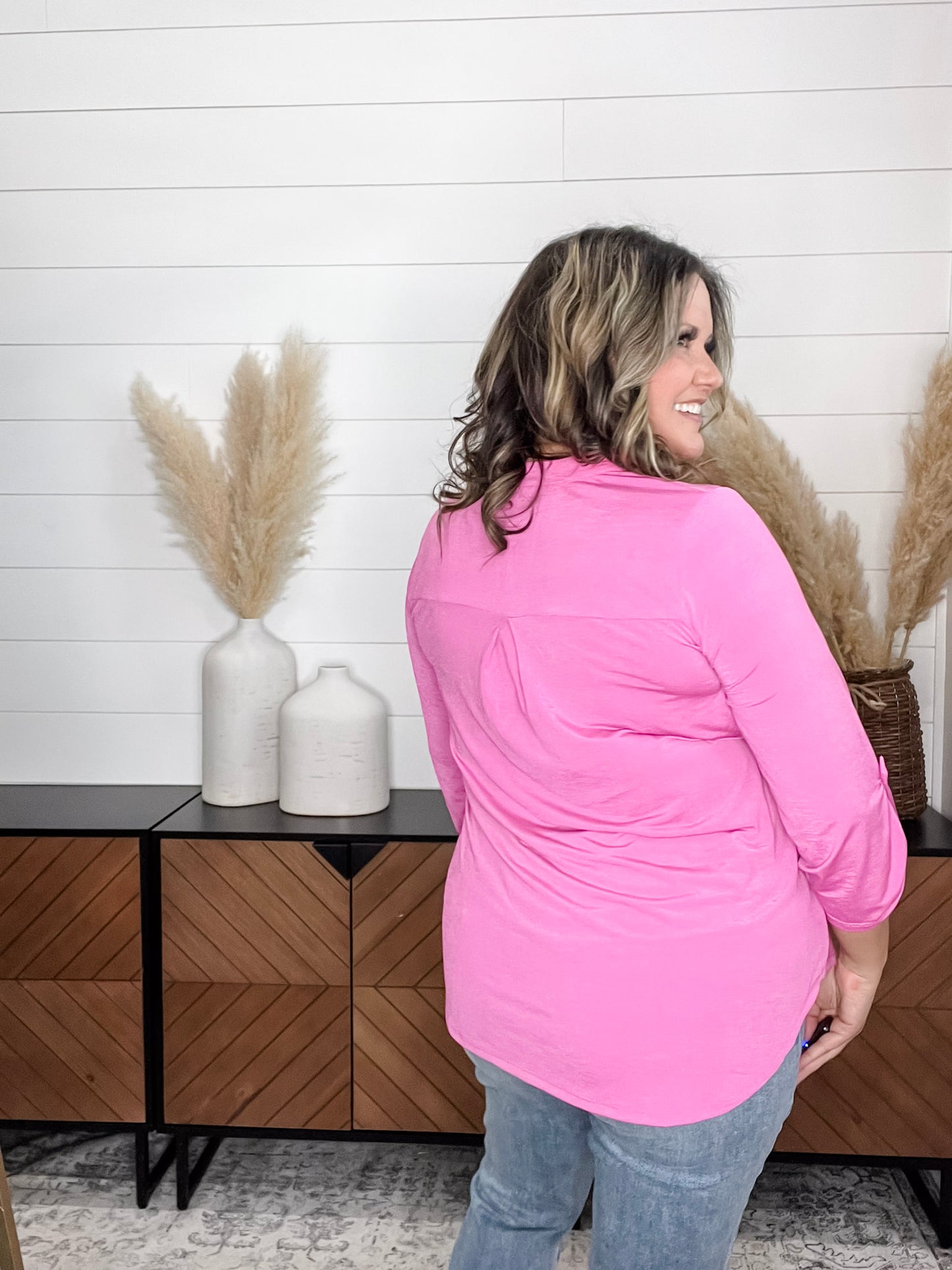 "Pearlie" Solid Color 3/4 Sleeve Split Neck (Magenta)