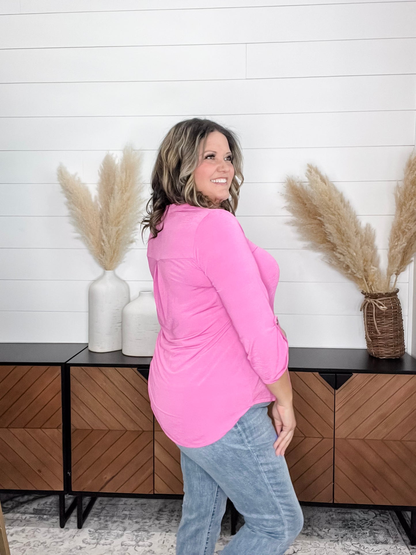 "Pearlie" Solid Color 3/4 Sleeve Split Neck (Magenta)