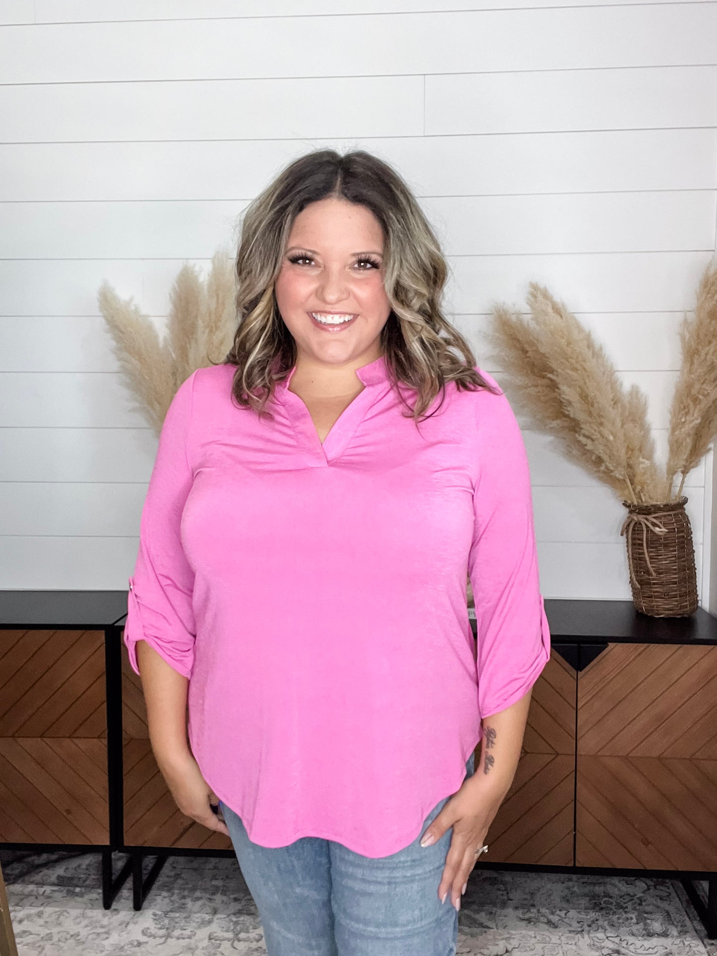 "Pearlie" Solid Color 3/4 Sleeve Split Neck (Magenta)