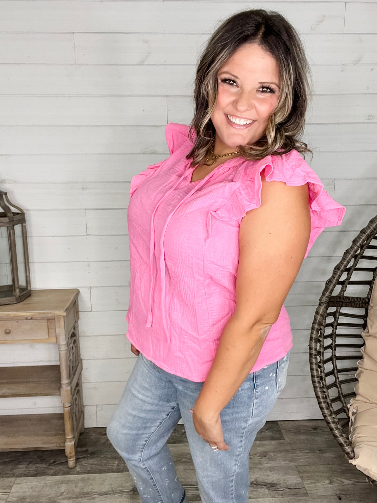 "Wheatland" Ruffle Cap V Neck with Tie Detail (Pink Cosmos)
