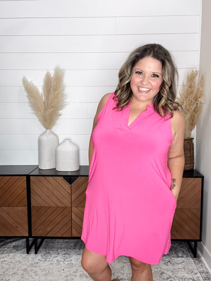 "Up My Alley" Sleeveless Split Neck Dress with Pockets (Hot Pink)