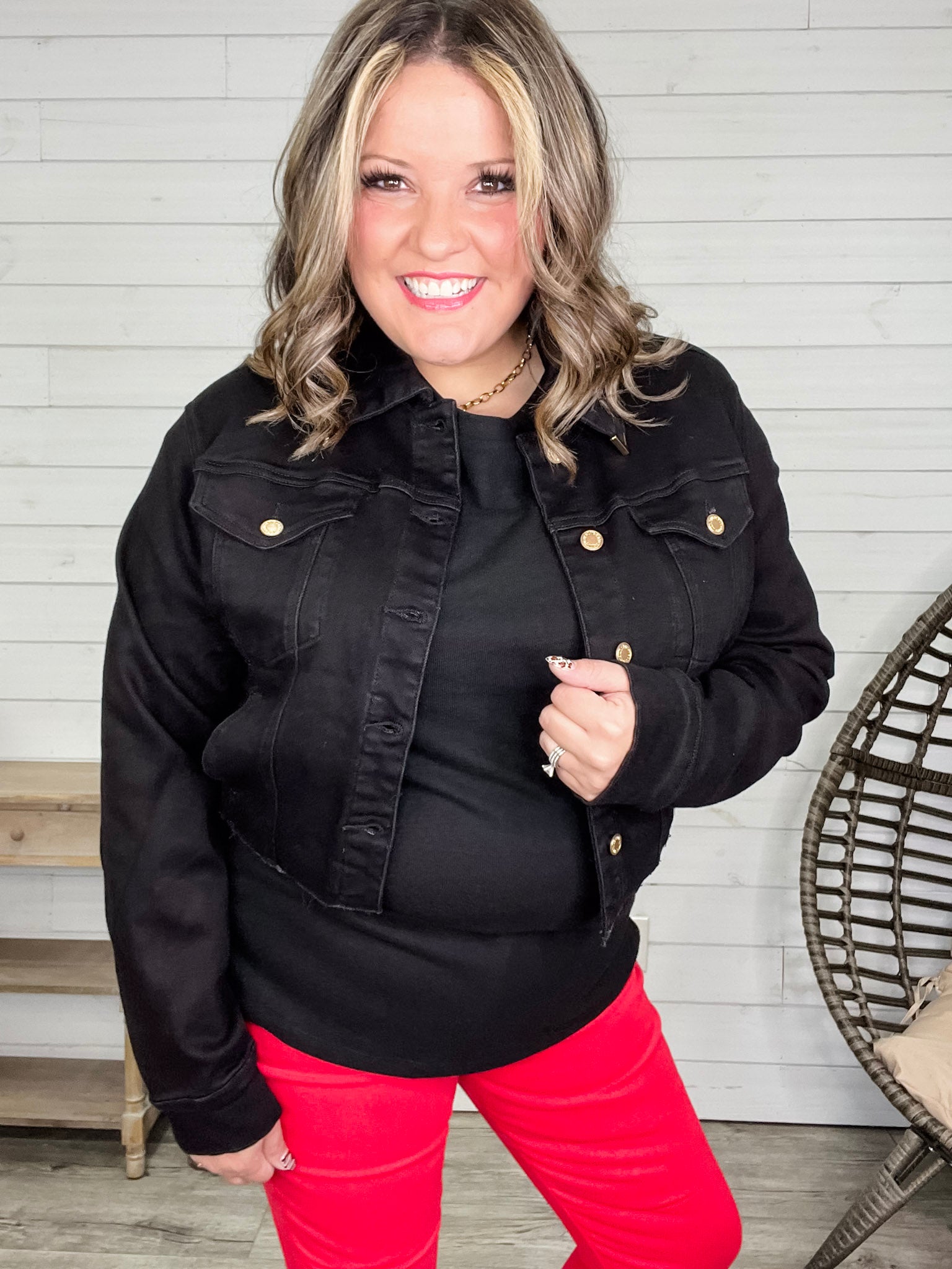 Judy Blue Black Jean Jacket with gold darts Lola Monroe Boutique