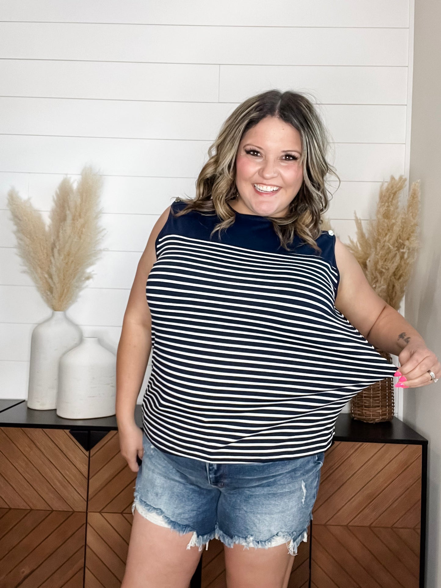 "Whitley" Striped Tank with Button Detail