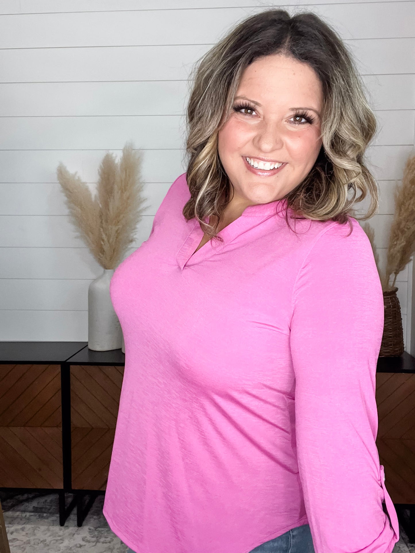 "Pearlie" Solid Color 3/4 Sleeve Split Neck (Magenta)