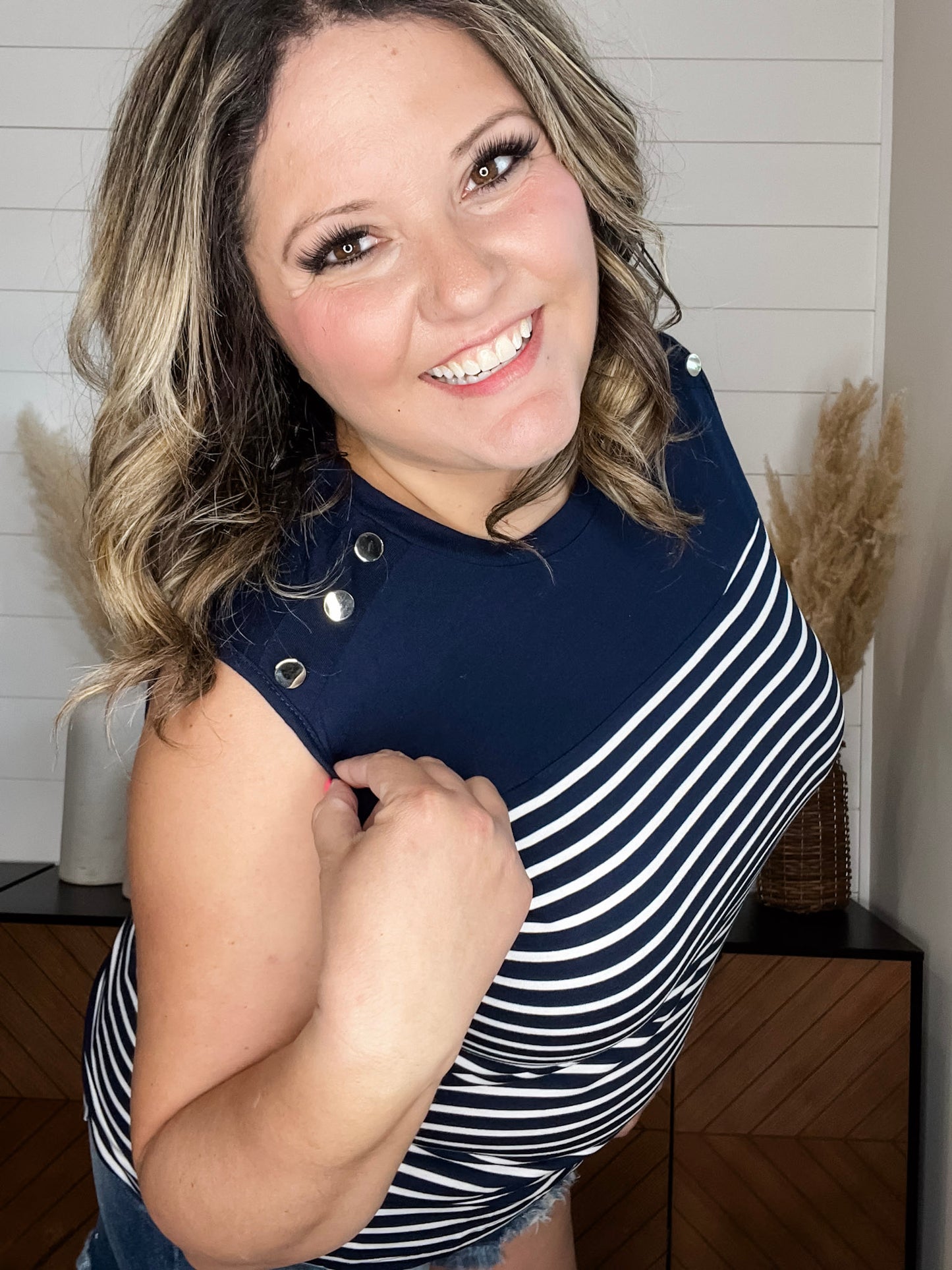 "Whitley" Striped Tank with Button Detail
