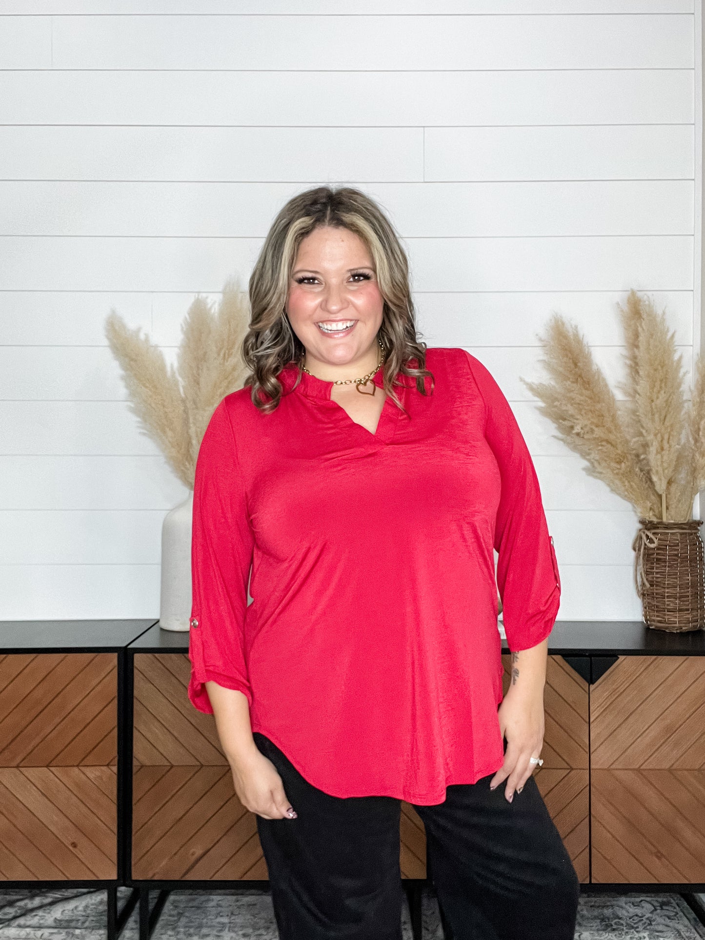Dear Scarlett "Bold Choice" 3/4 Sleeve Split Neck (Jewel Red)