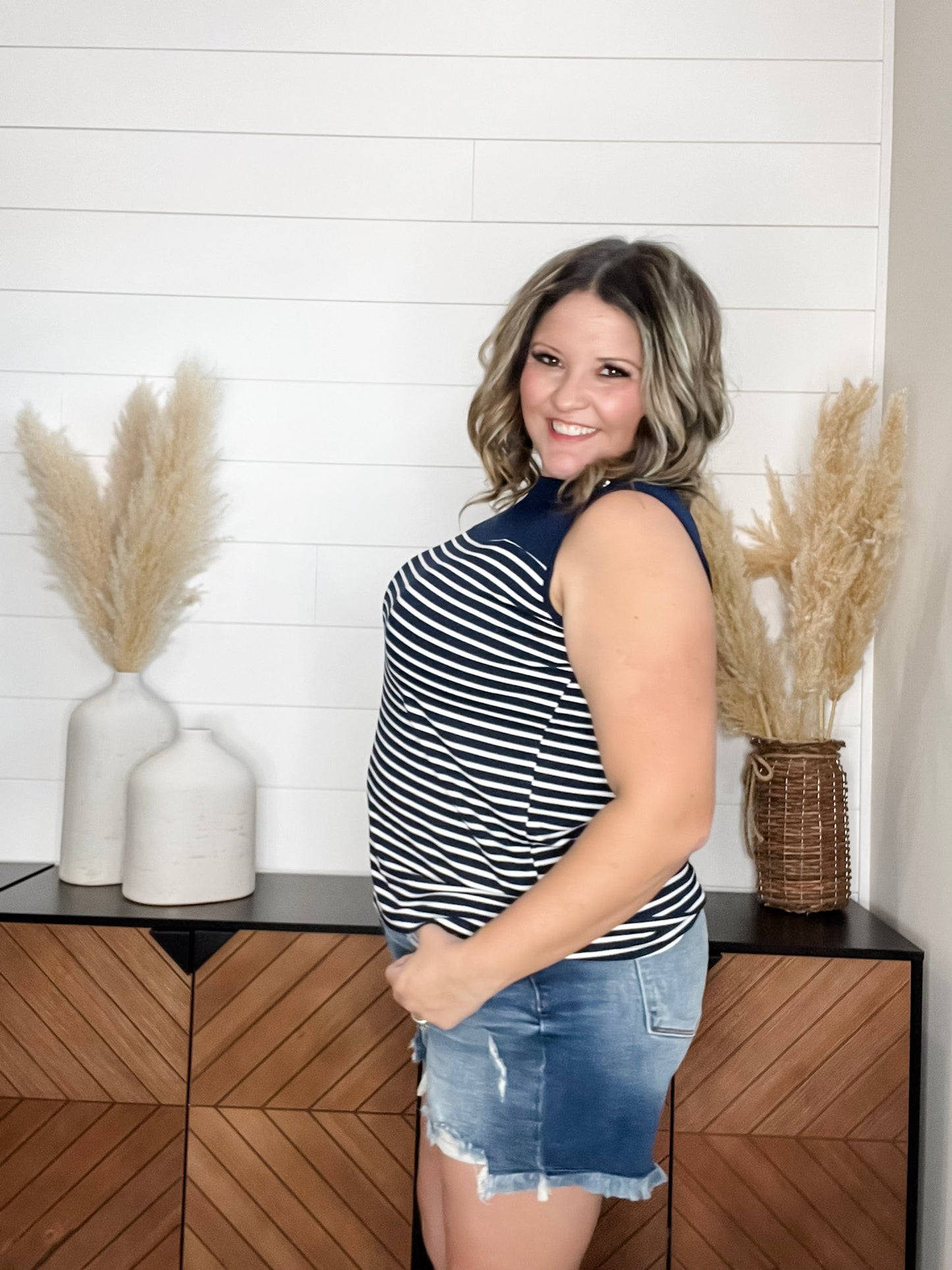 "Whitley" Striped Tank with Button Detail