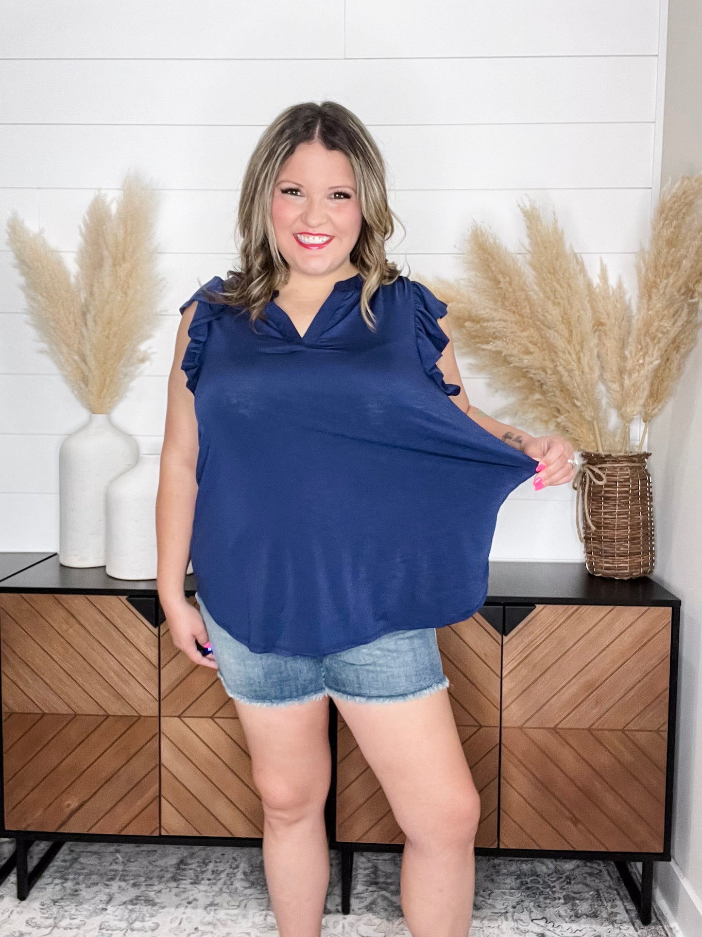 "One More Round" Flutter Ruffle Cap Sleeve Split Neck (Navy)