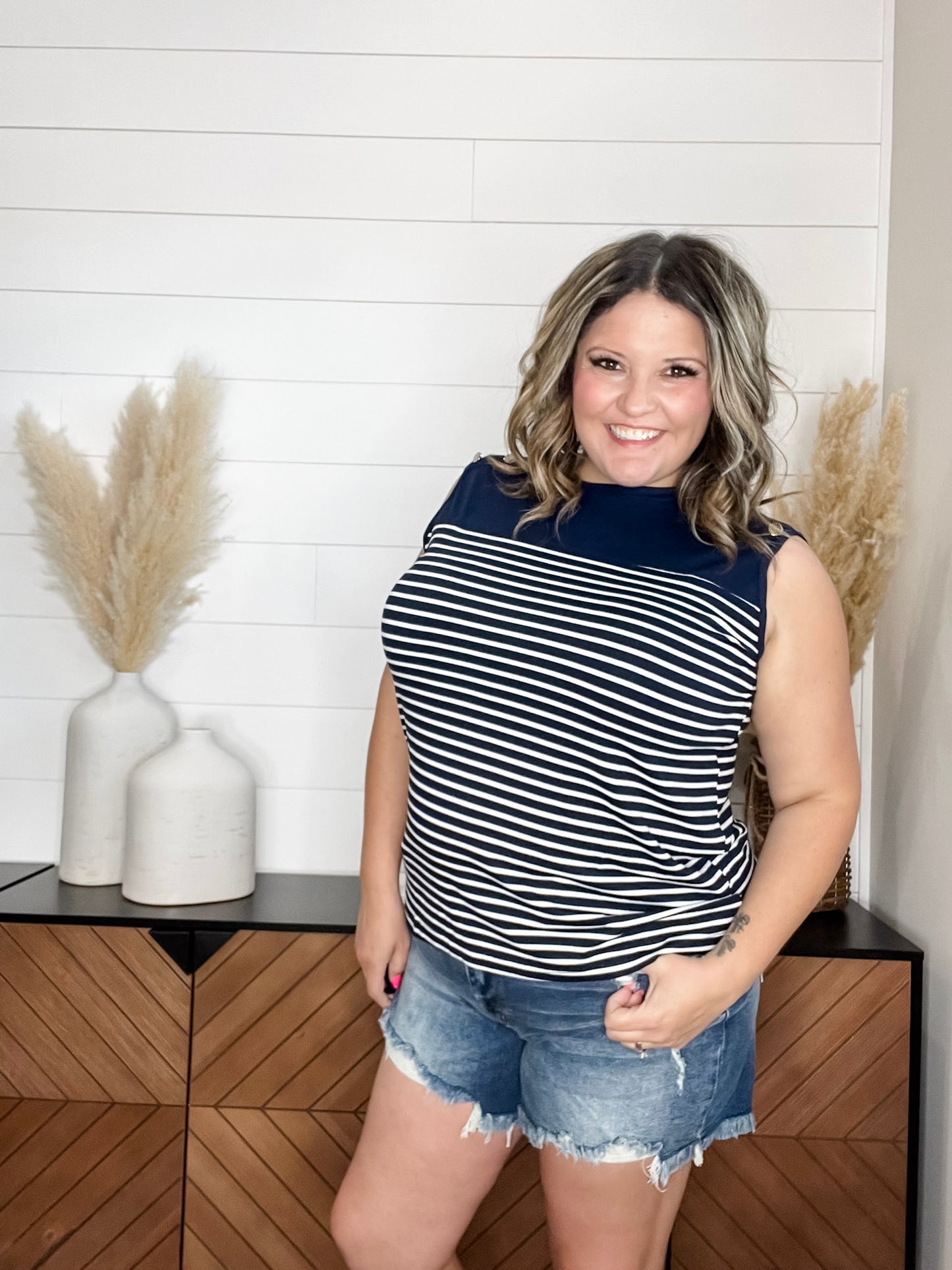 "Whitley" Striped Tank with Button Detail