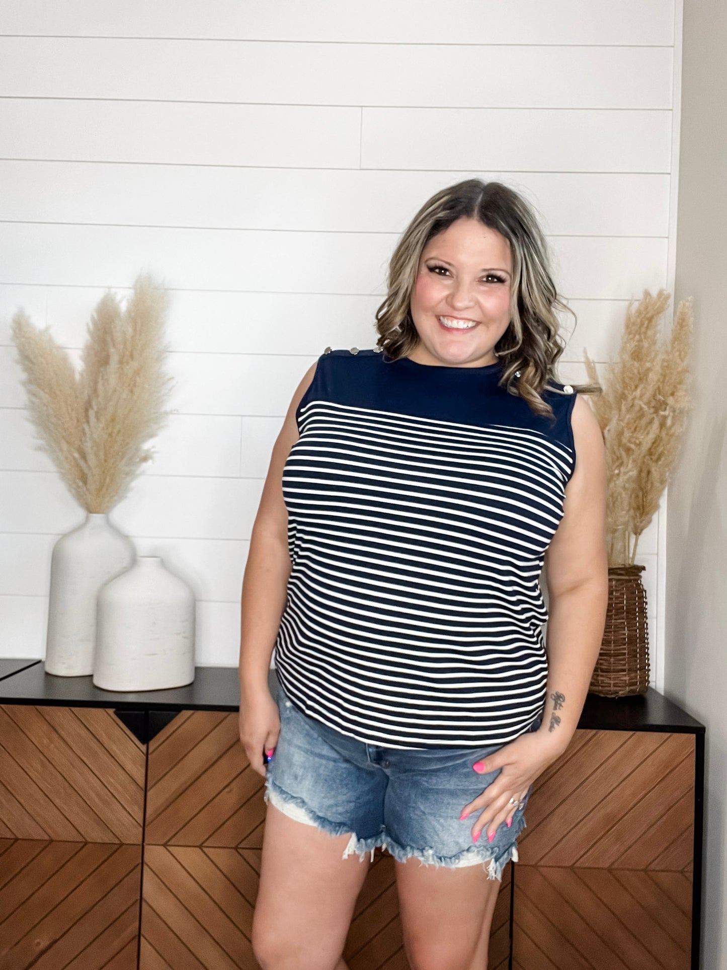 "Whitley" Striped Tank with Button Detail