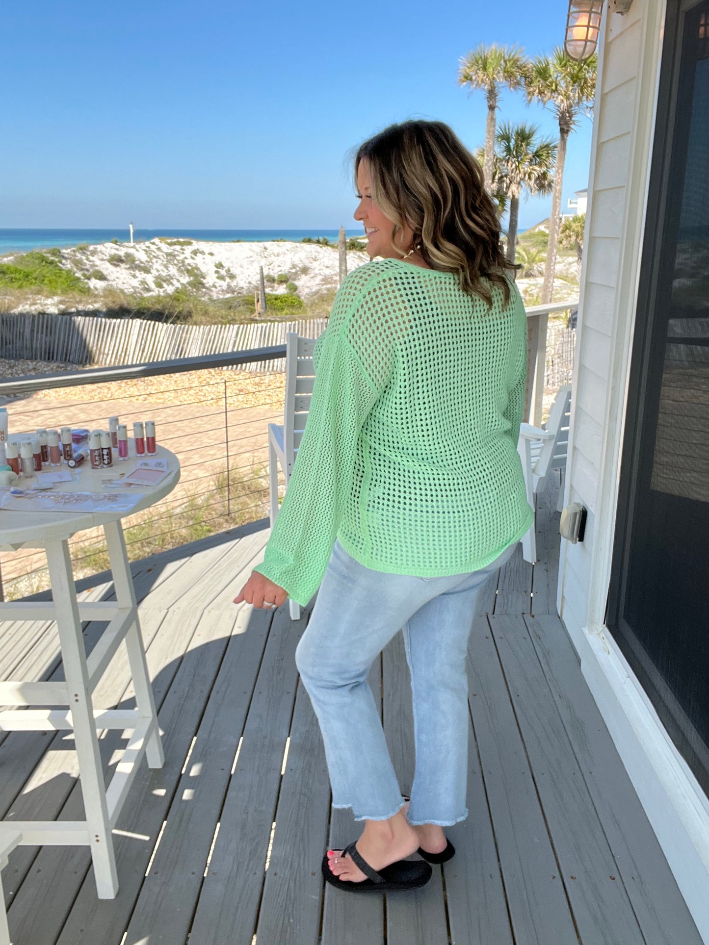 "Maurice" Wide Weft Long Sleeve V Neck (Mint)