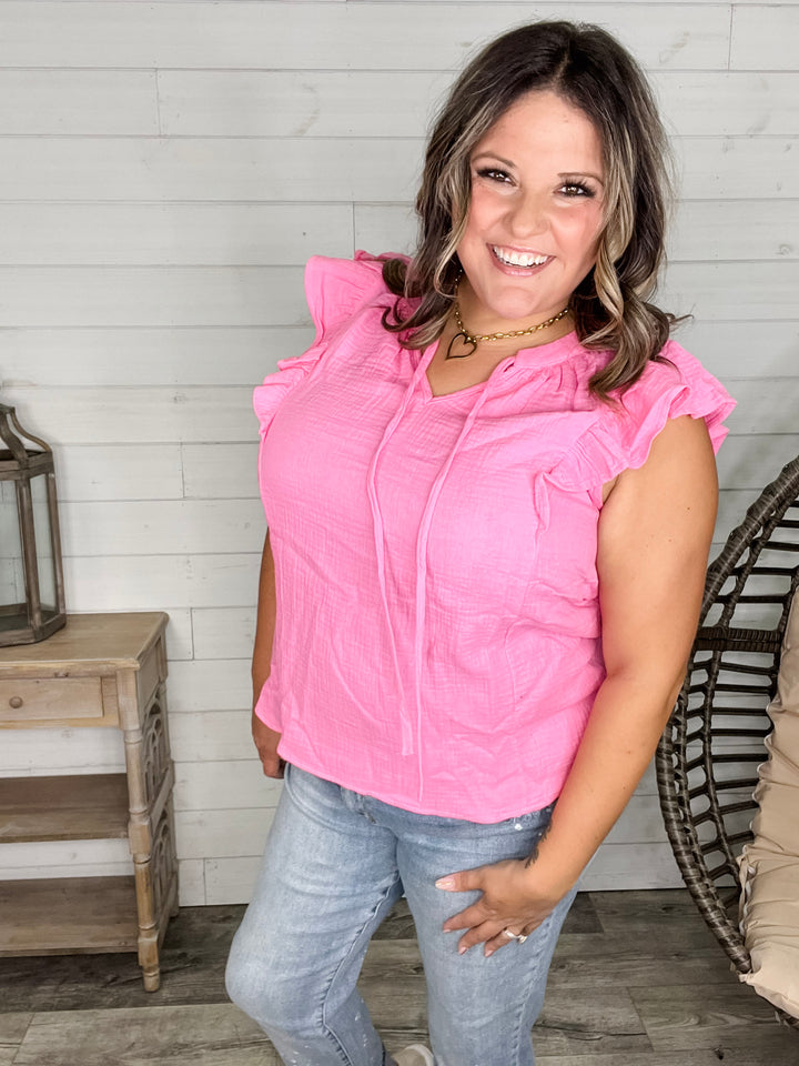 "Wheatland" Ruffle Cap V Neck with Tie Detail (Pink Cosmos)