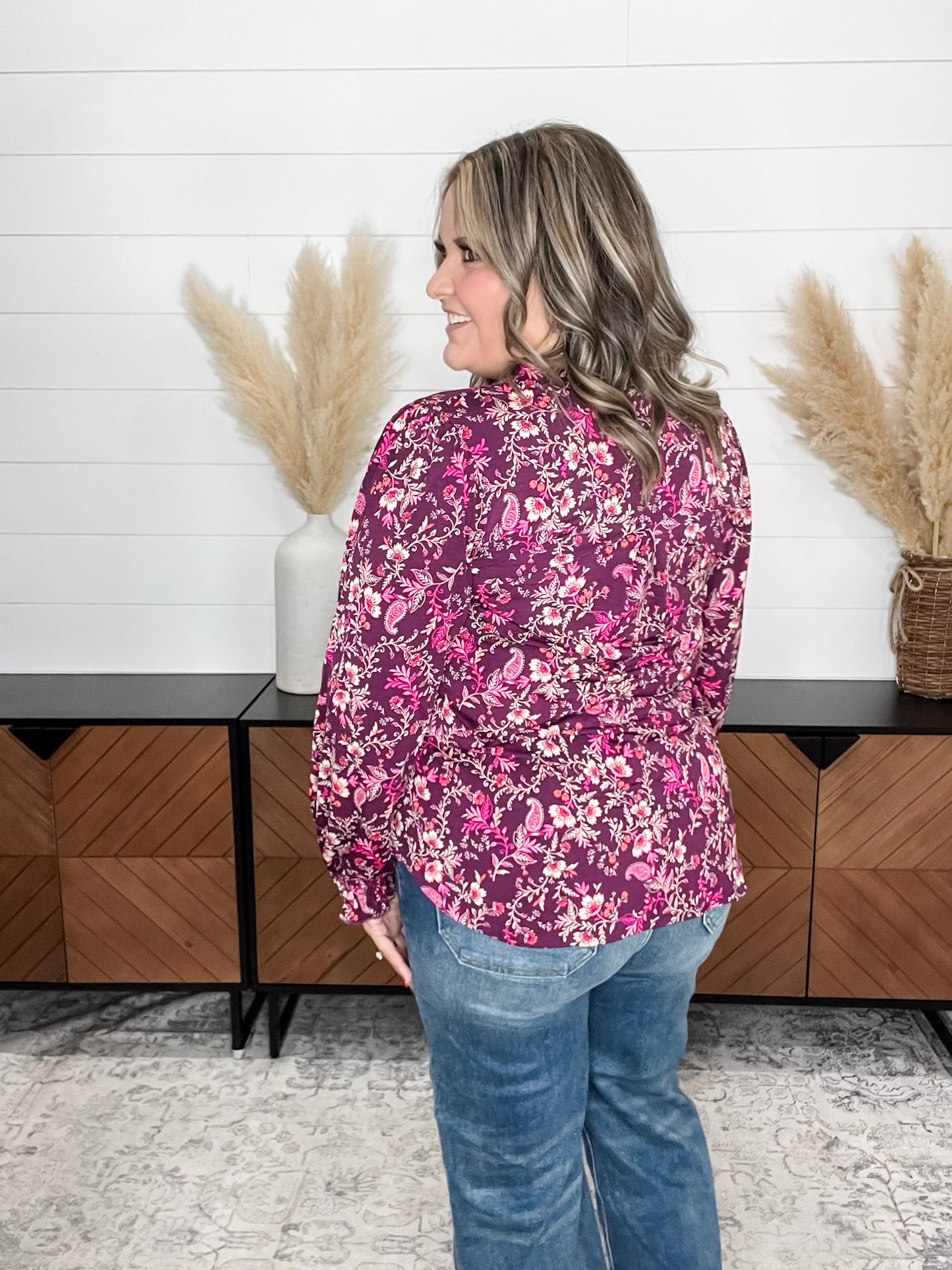 "Titanium" Smocked Wrist Long Sleeve Split Neck