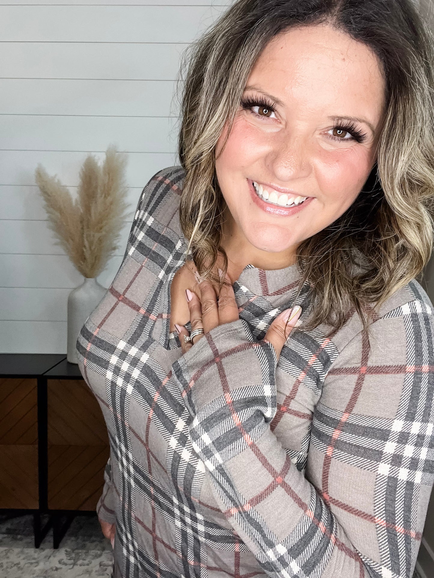 "Surrender" Plaid Long Sleeve Split Neck