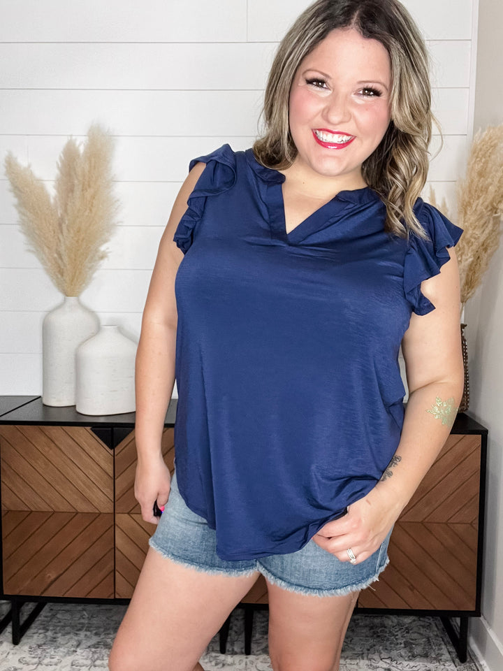 "One More Round" Flutter Ruffle Cap Sleeve Split Neck (Navy)