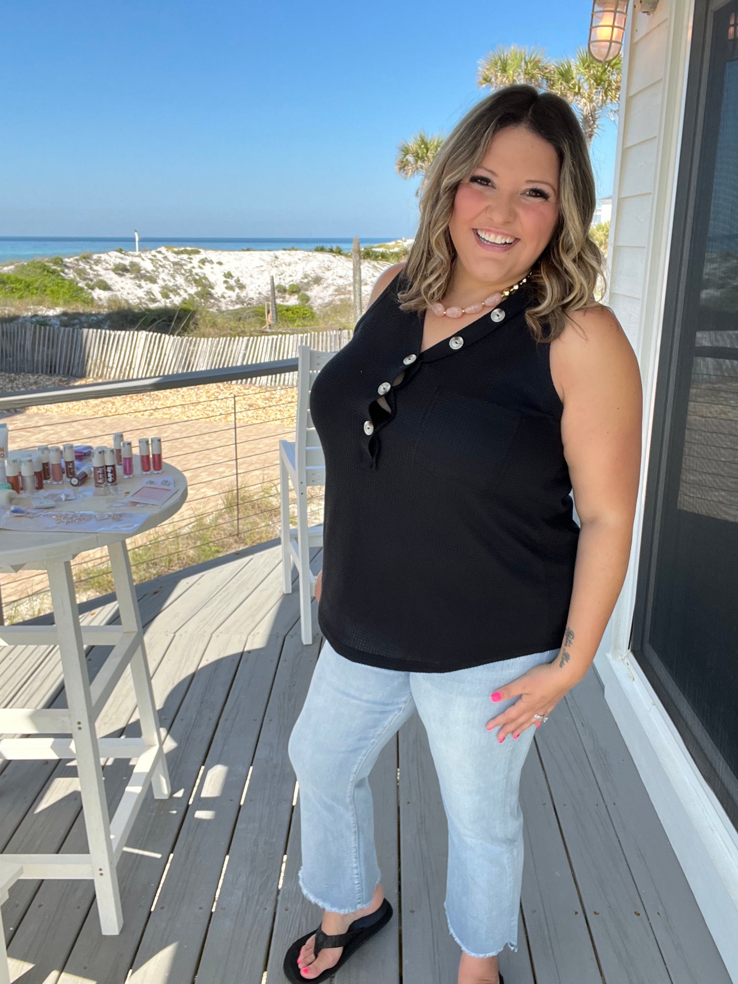 "Caldwell" Waffle Texture Tank with Chest Pockets and Faux Buttons (Black)